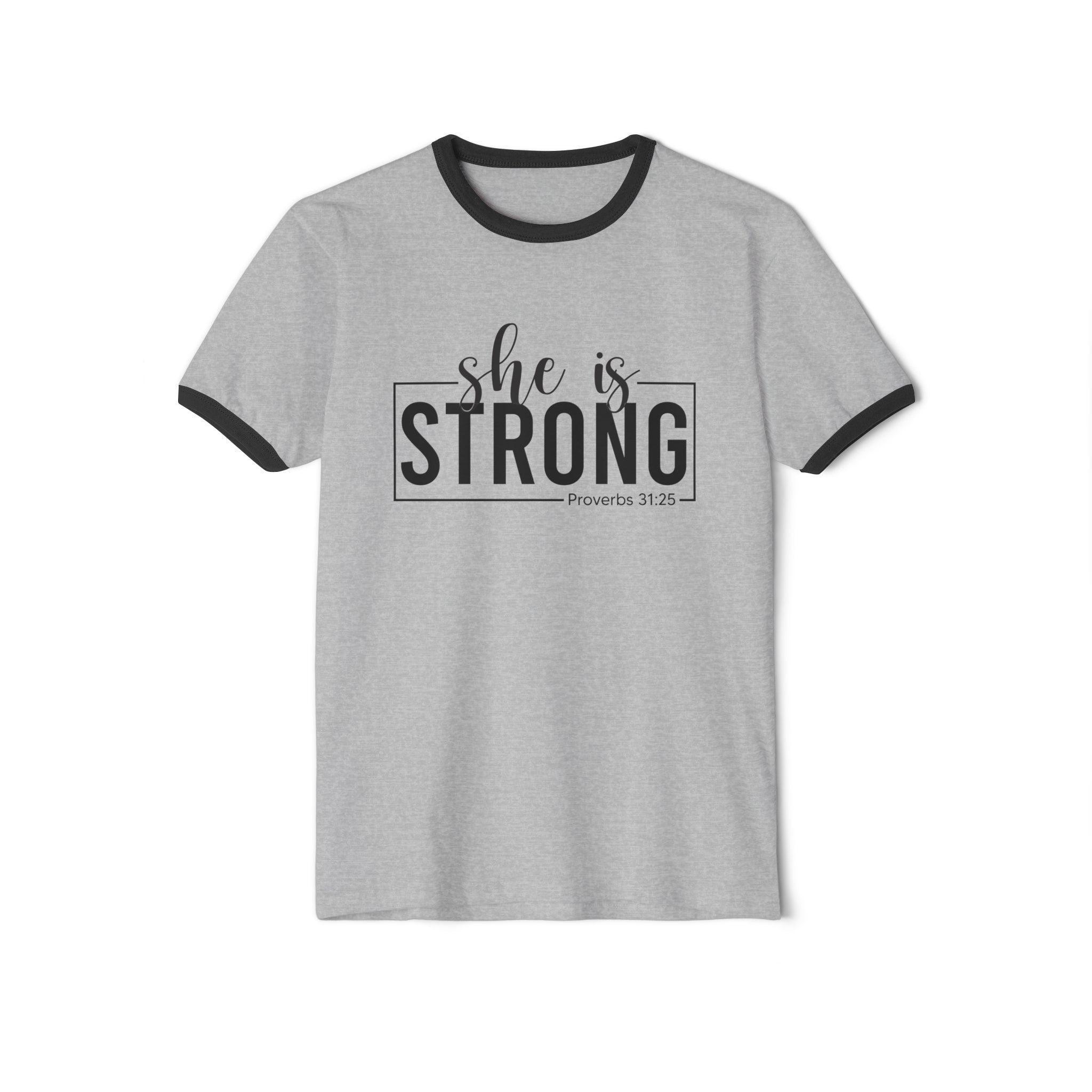 She Is Strong - Unisex Cotton Ringer T-Shirt - Black Classic Logo Front Plain Back