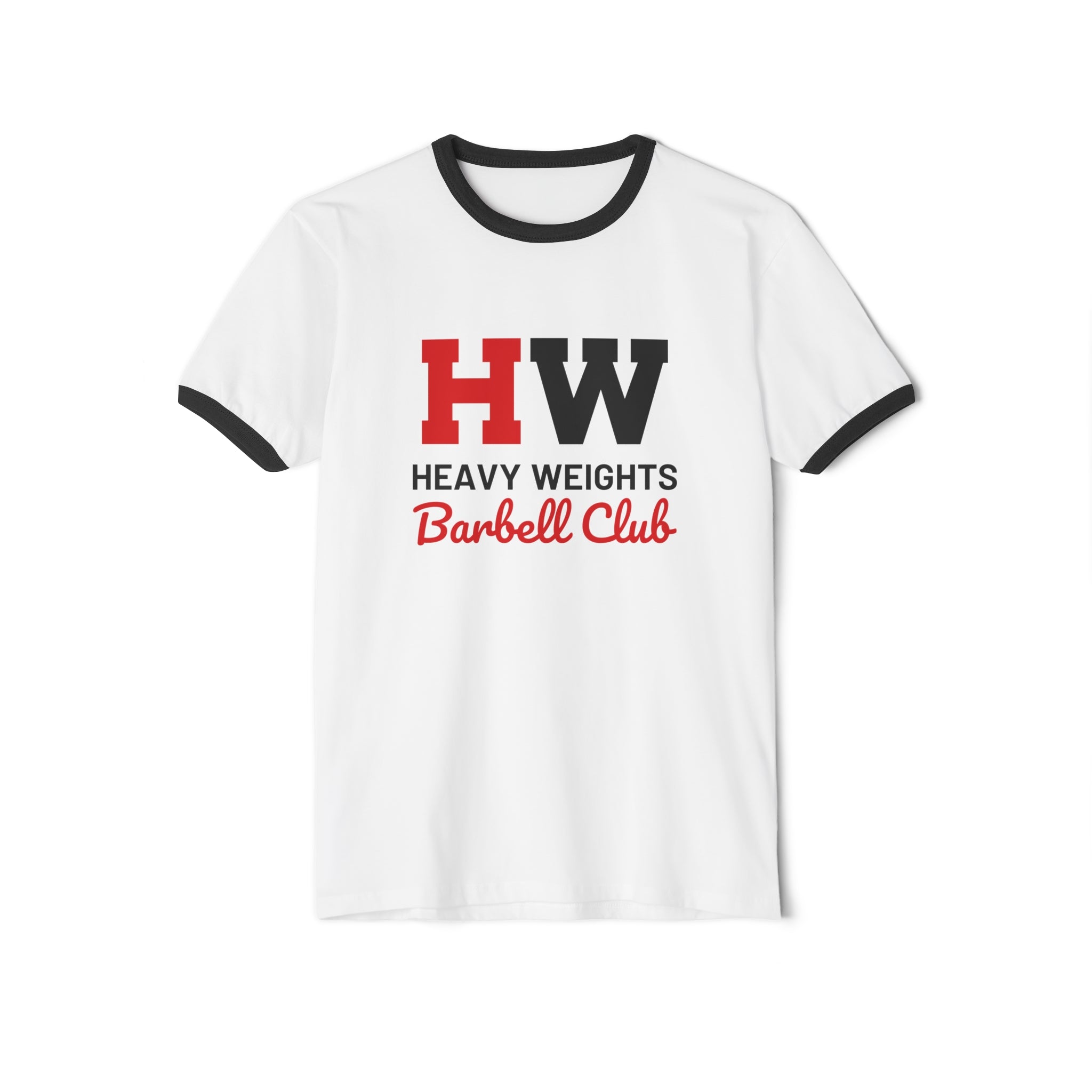 HW Barbell Club - Unisex Cotton Ringer T-Shirt - Black Classic Logo Front Plain Back