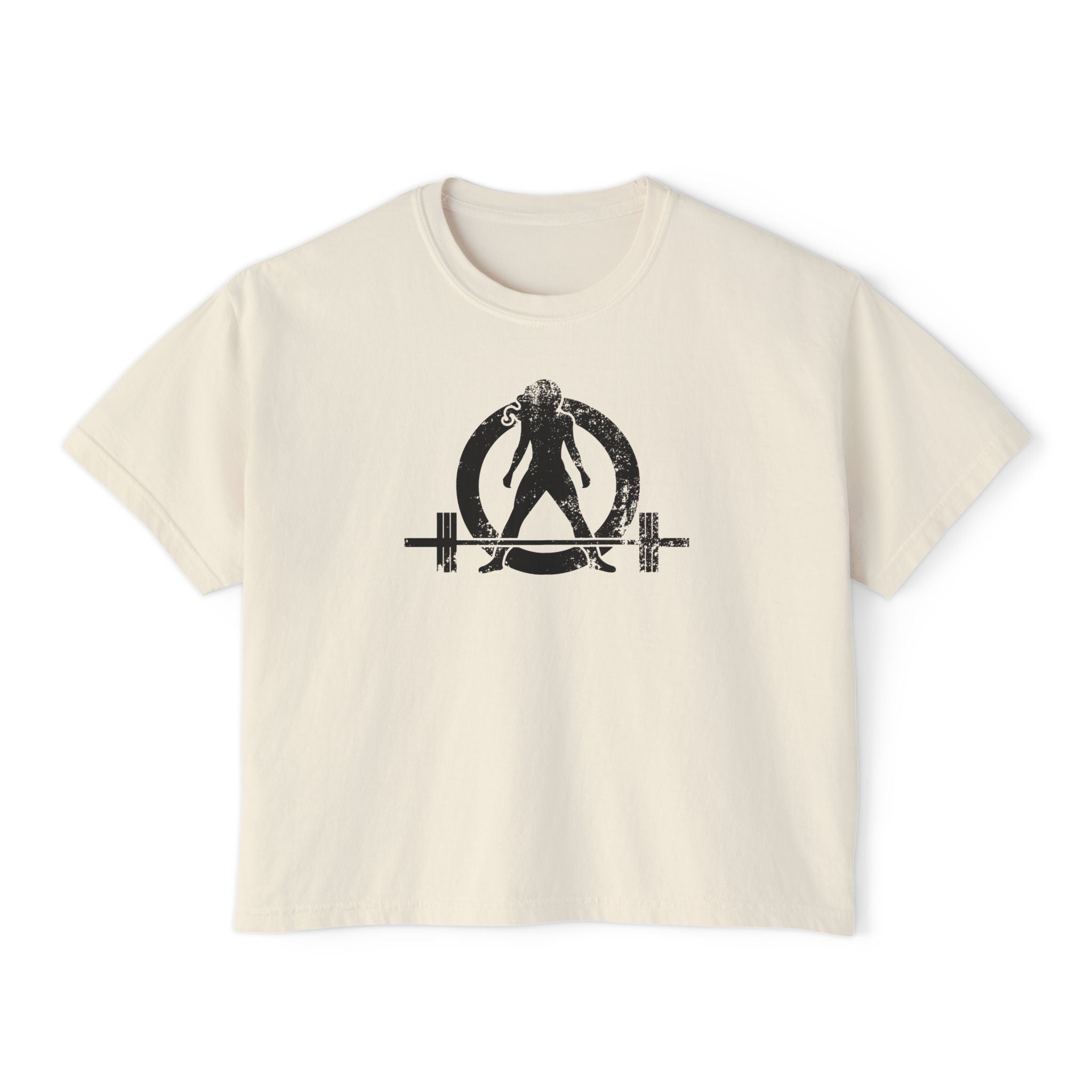 Women's Boxy Tee - Black Distressed Logo Front Plain Back