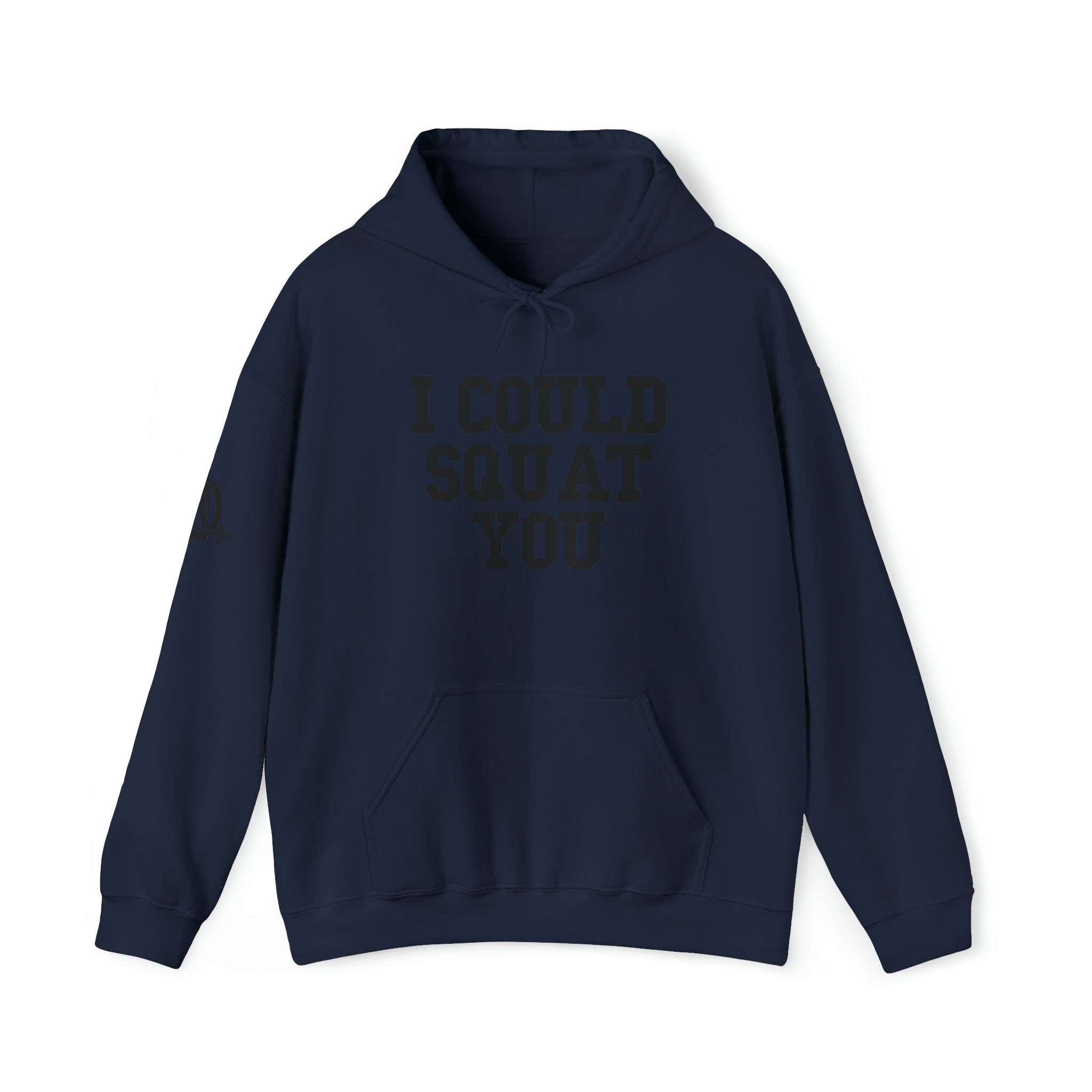 I Could Squat You - Classic Logo White - Unisex Heavy Blend Hooded Sweatshirt - Black Print on Front