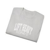 Lift Heavy Shit - Unisex Ultra Cotton Tee - Front White Logo - Plain Back