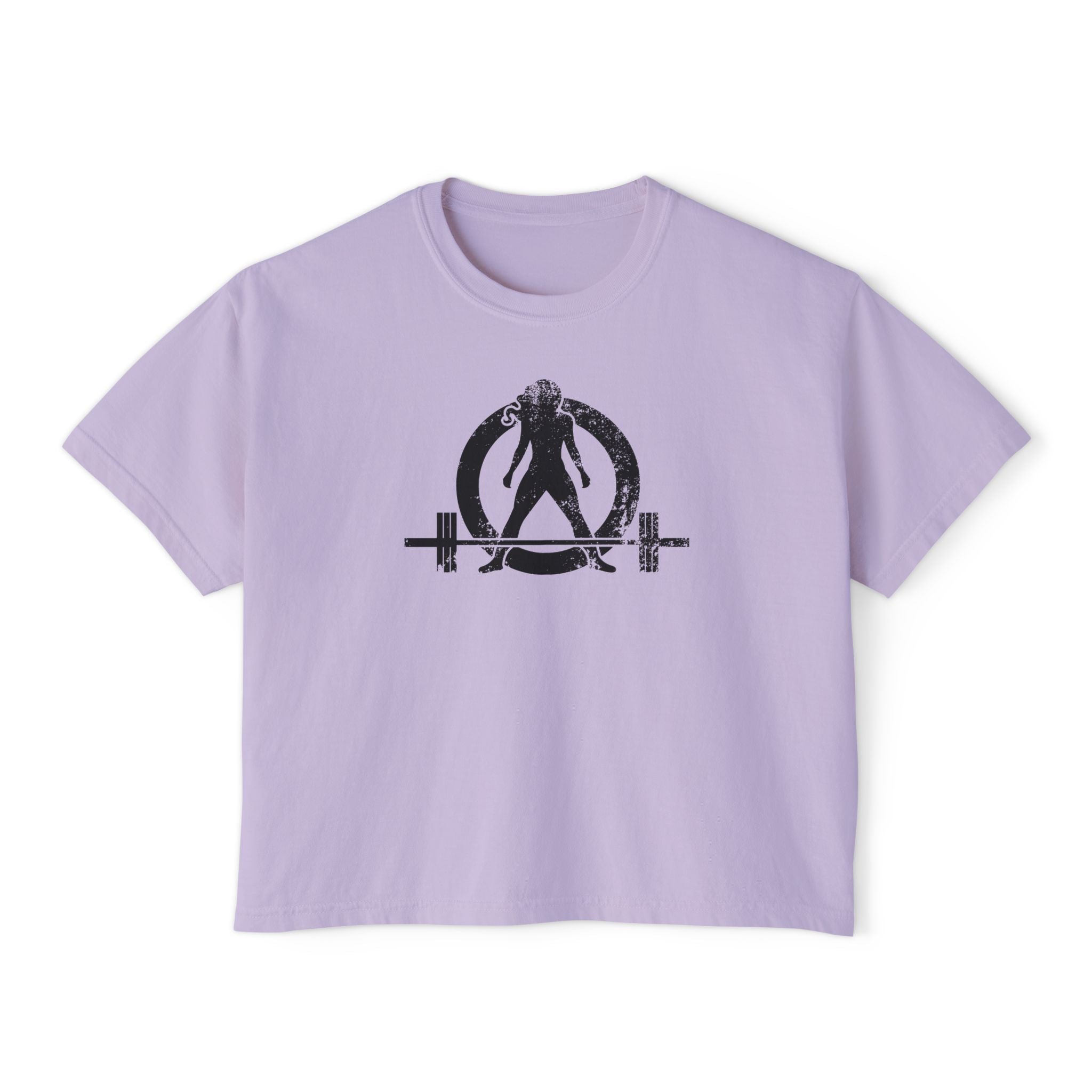 Women's Boxy Tee - Black Distressed Logo Front Plain Back