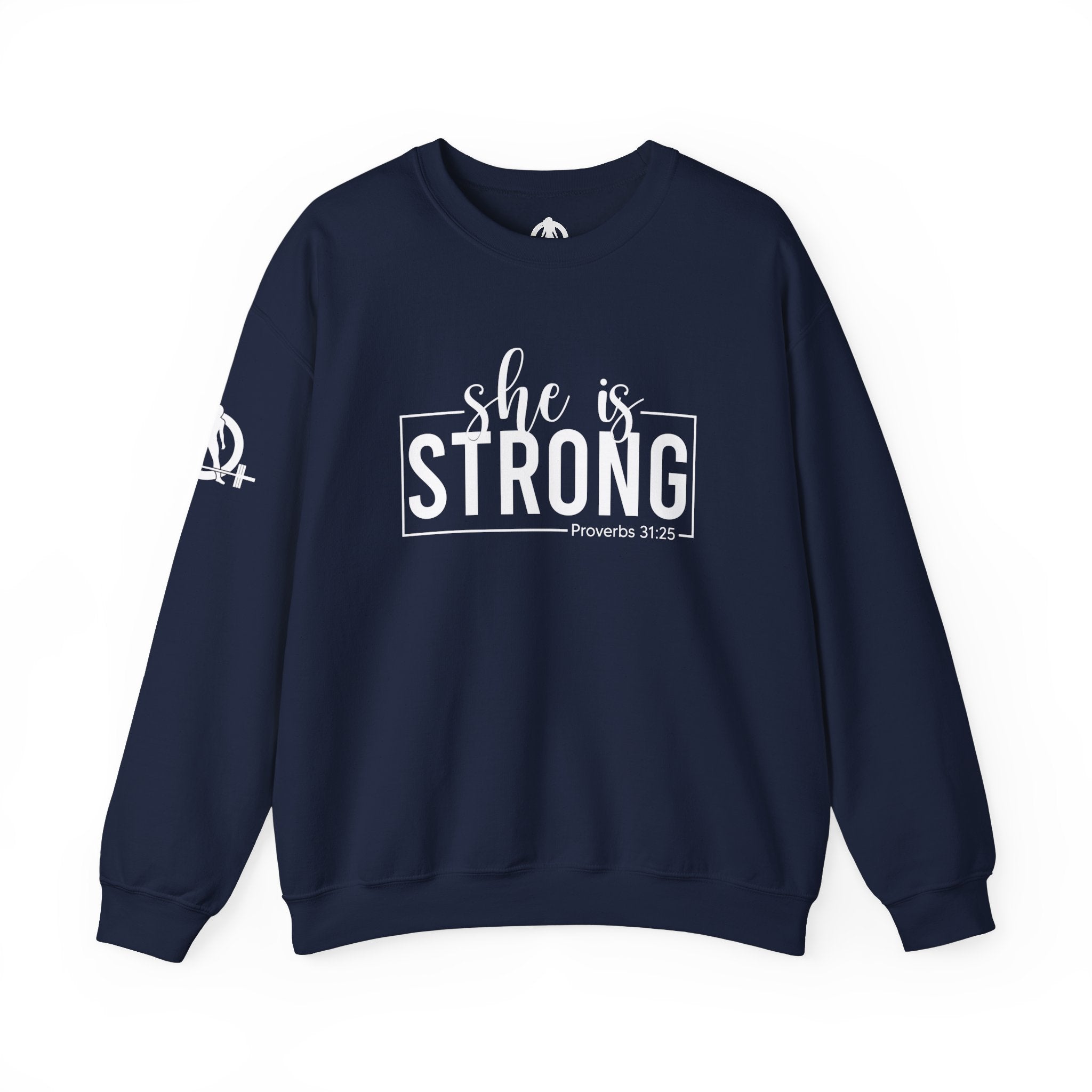 She is STRONG - Unisex Heavy Blend™ Crewneck Sweatshirt - Front White Logo - Plain Back