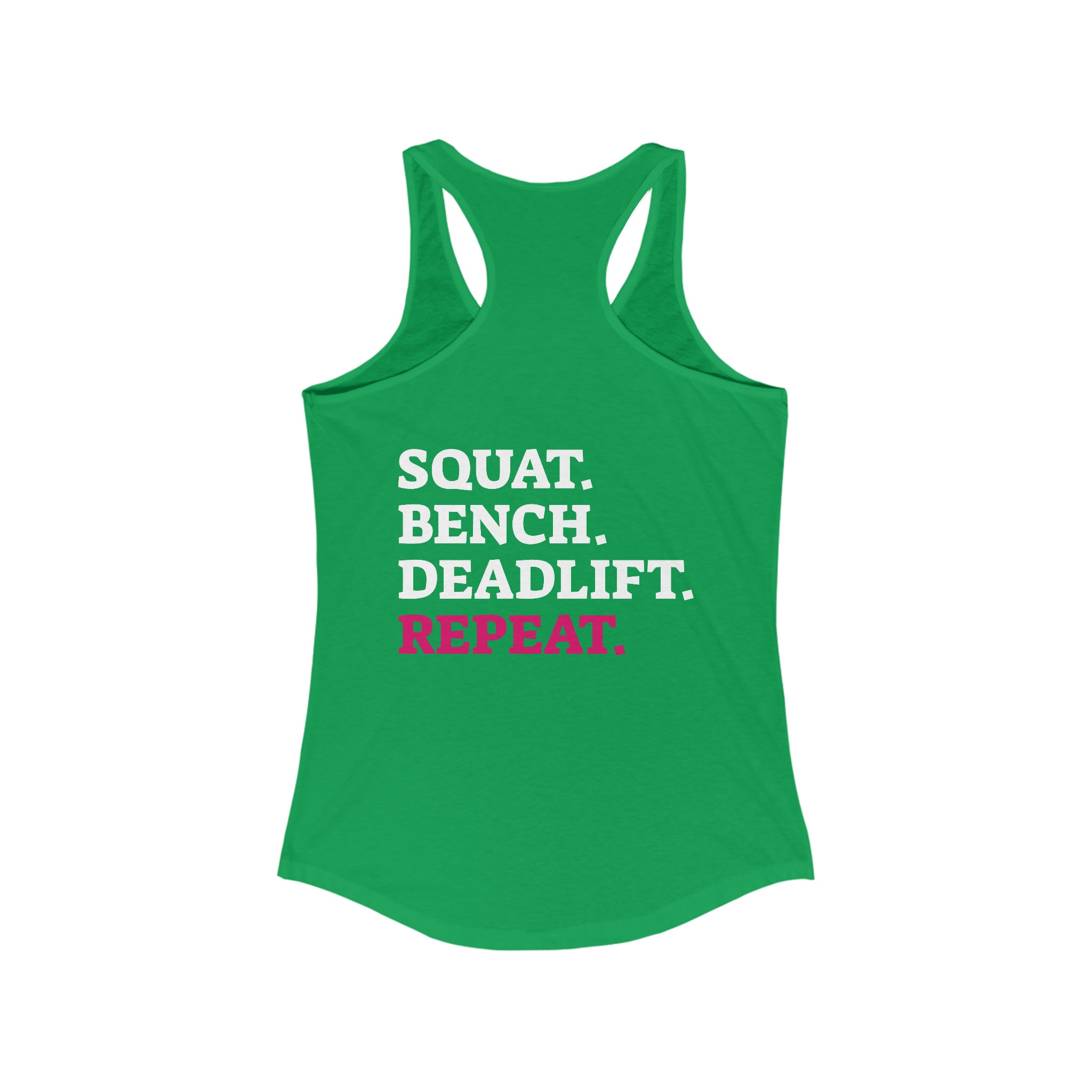 Squat Bench Deadlift Repeat - Women's Ideal Racerback Tank - Pink & Black - Dark - SBDR on Back