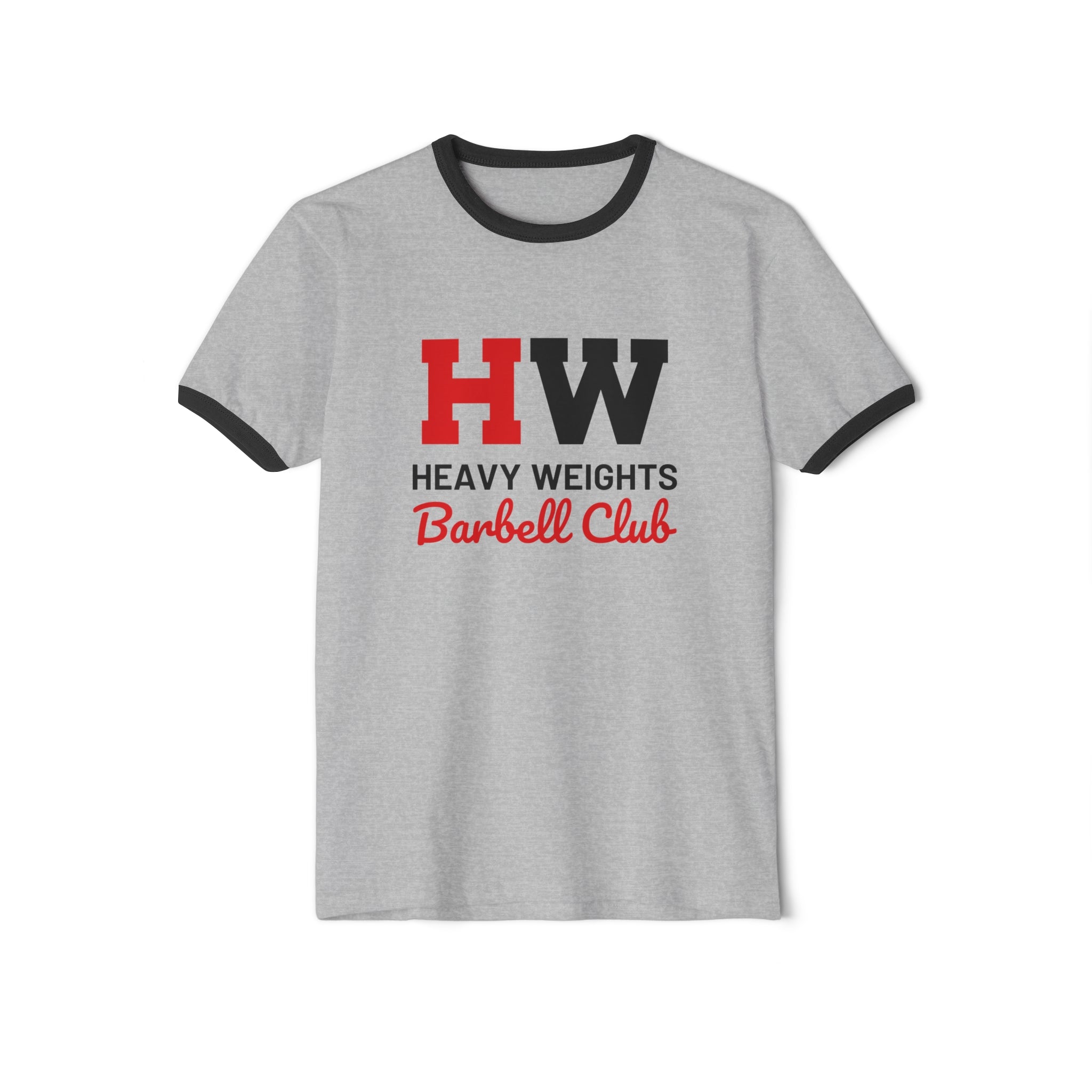 HW Barbell Club - Unisex Cotton Ringer T-Shirt - Black Classic Logo Front Plain Back