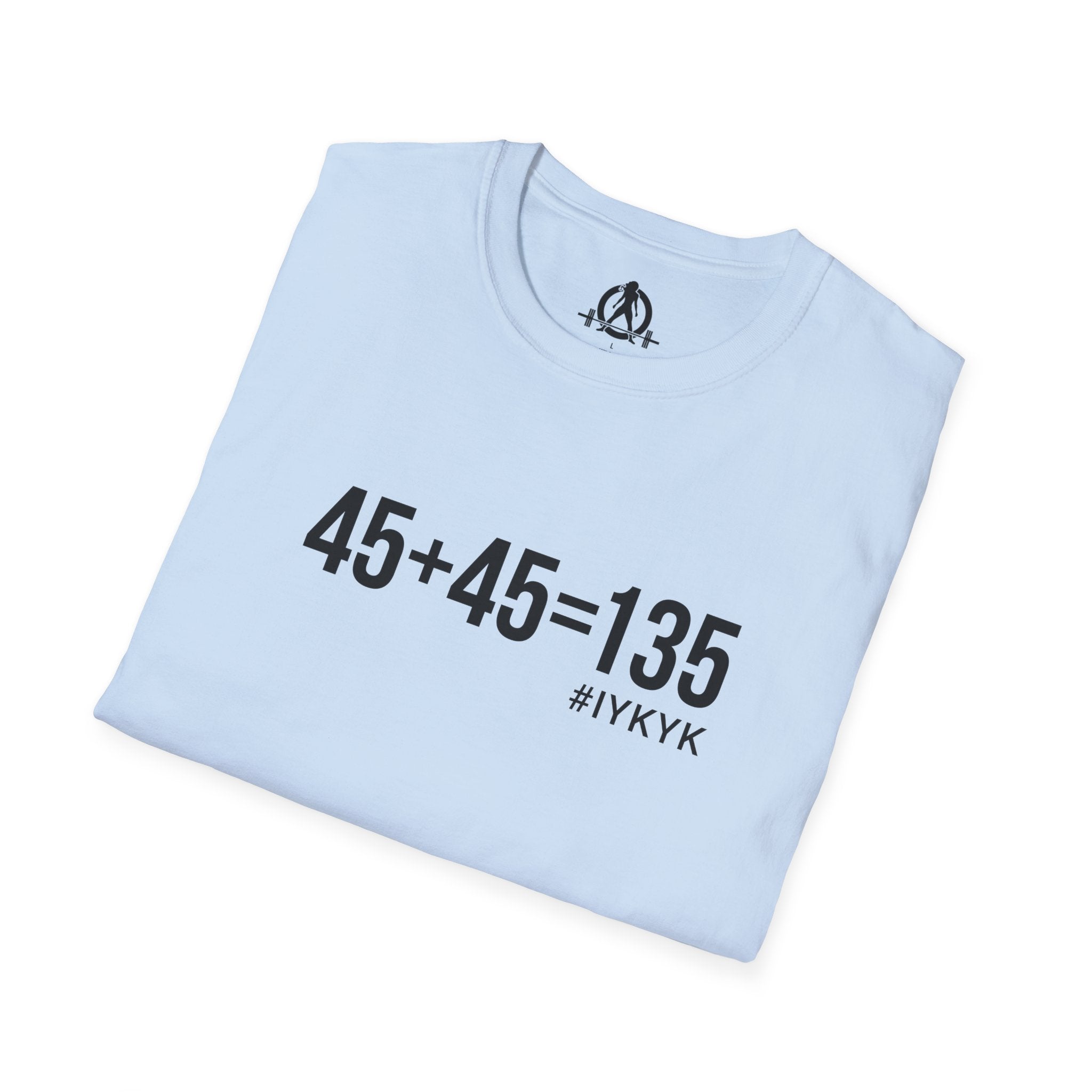 45 + 45 = 135 - Unisex Softstyle T-Shirt - Black Print on Front Plain Back