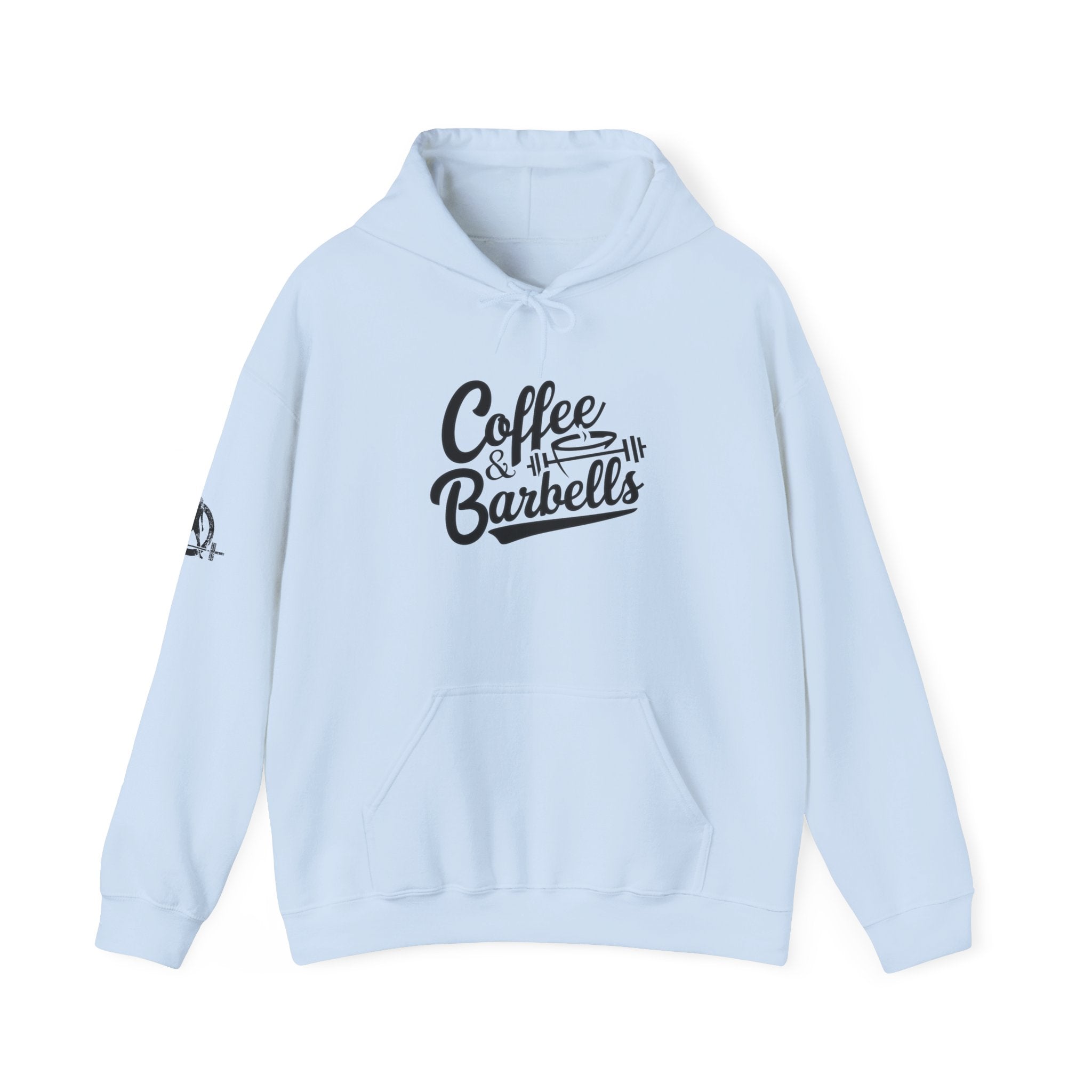 Coffee & Barbells  - Unisex Heavy Blend Hooded Sweatshirt - Black Logo on Front & Right Sleeve