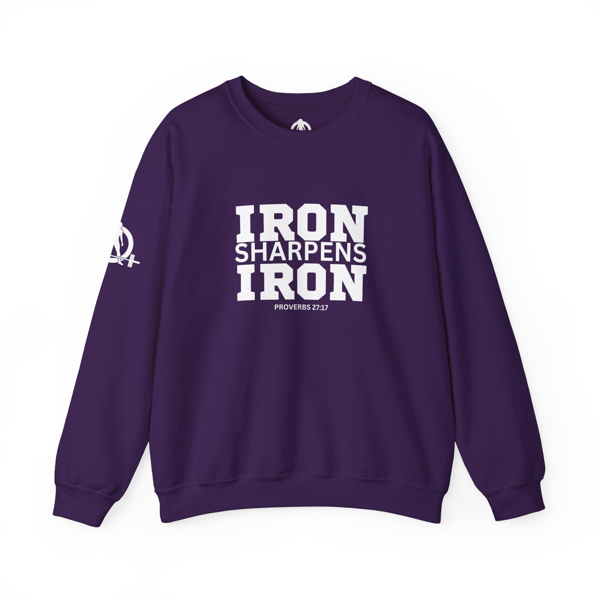 Iron Sharpens Iron - Unisex Heavy Blend™ Crewneck Sweatshirt - Front White Logo - Plain Back
