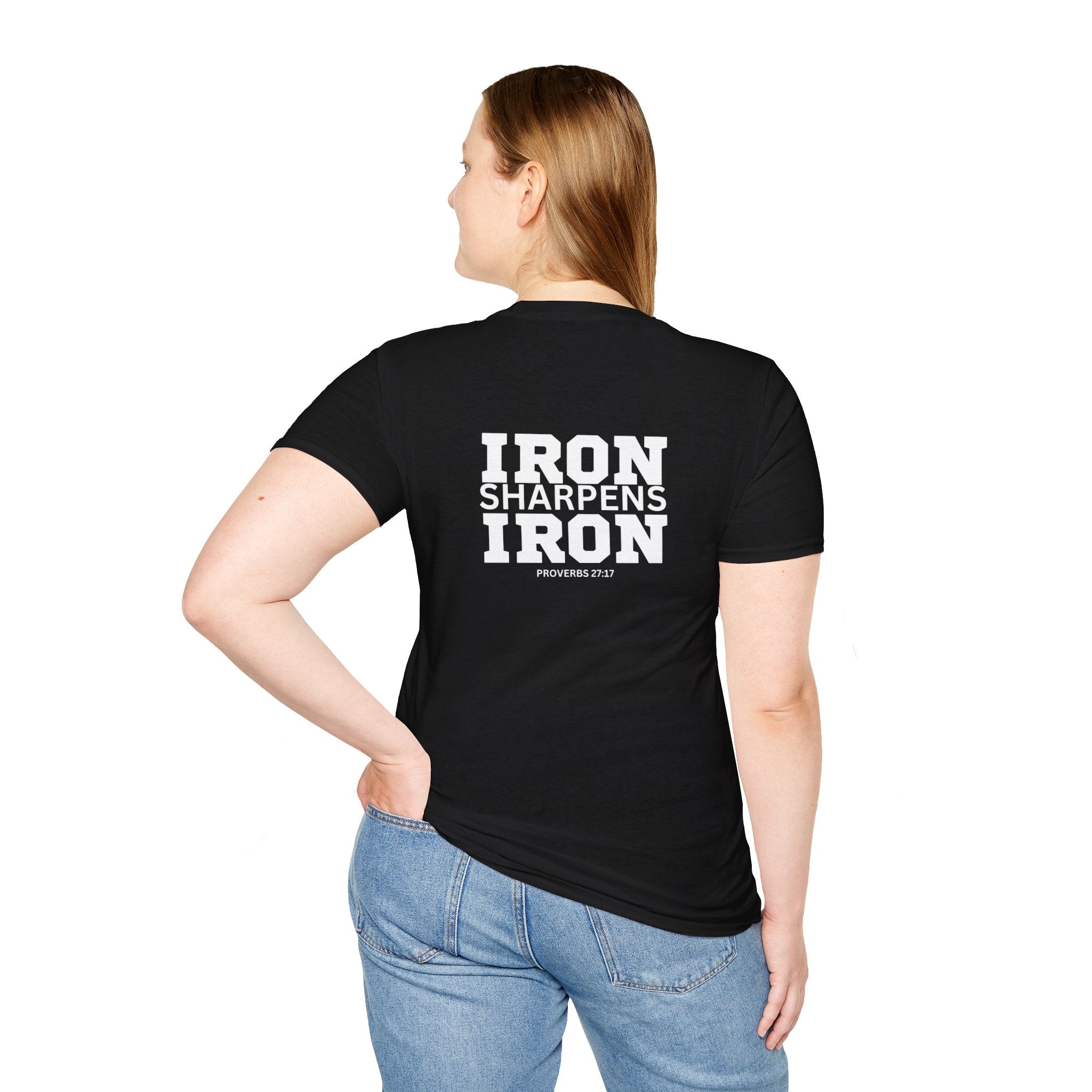 Iron Sharpens Iron - Unisex Softstyle T-Shirt - White Logo Front & Back
