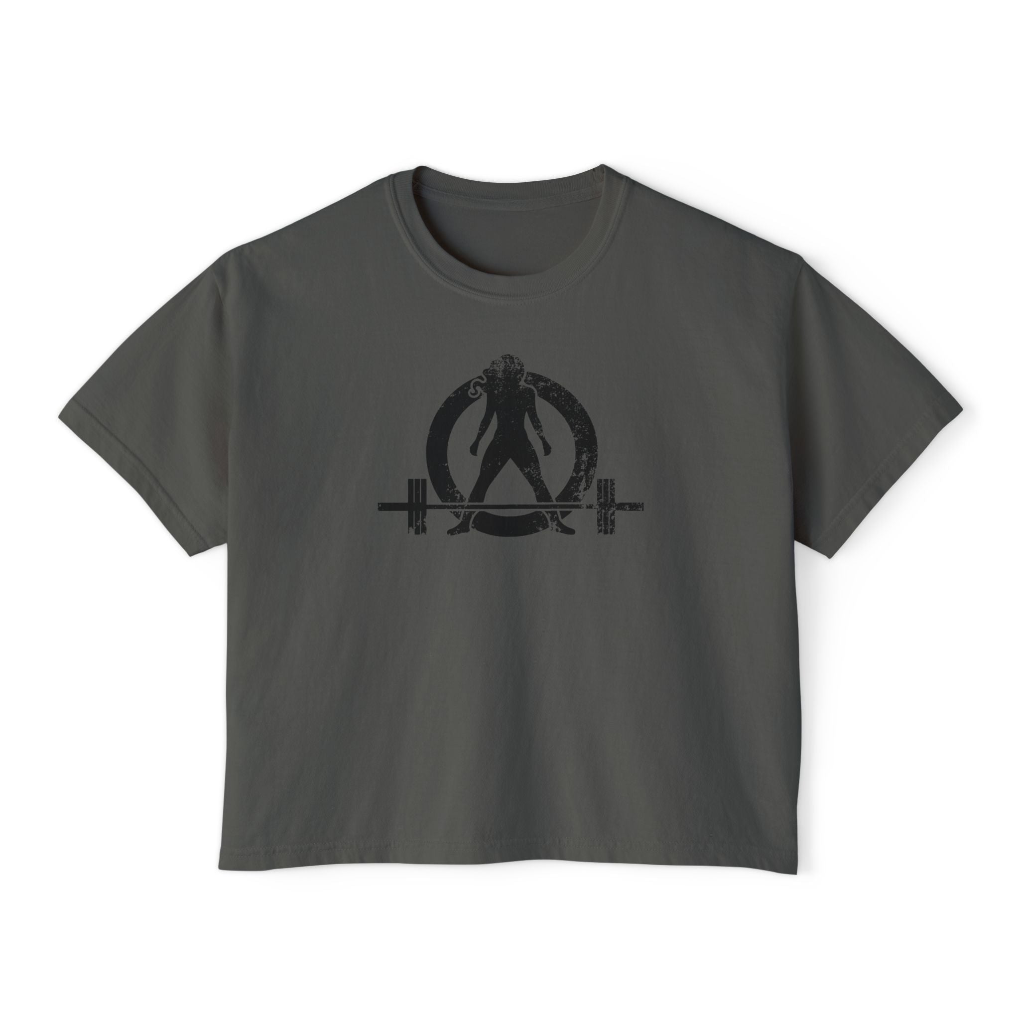 Women's Boxy Tee - Black Distressed Logo Front Plain Back