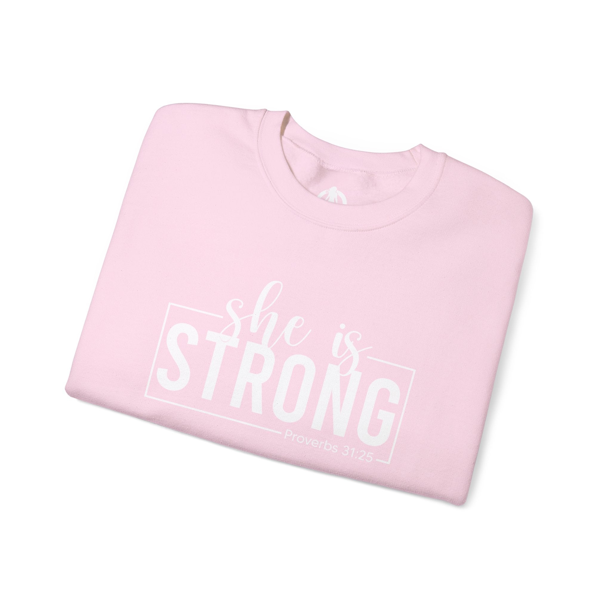She is STRONG - Unisex Heavy Blend™ Crewneck Sweatshirt - Front White Logo - Plain Back