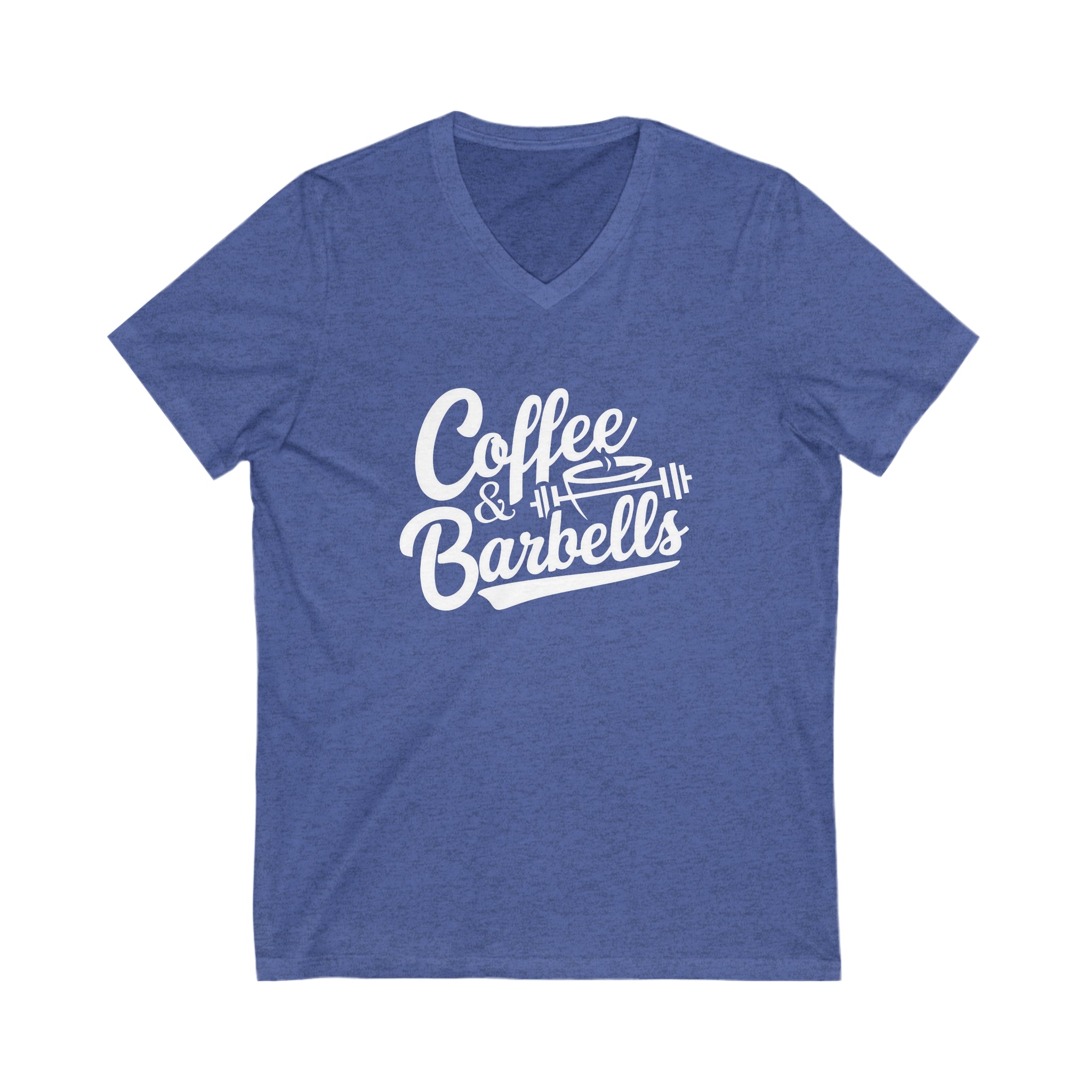 Coffee & Barbells - Unisex Jersey Short Sleeve V-Neck Tee - White Logo Plain Back