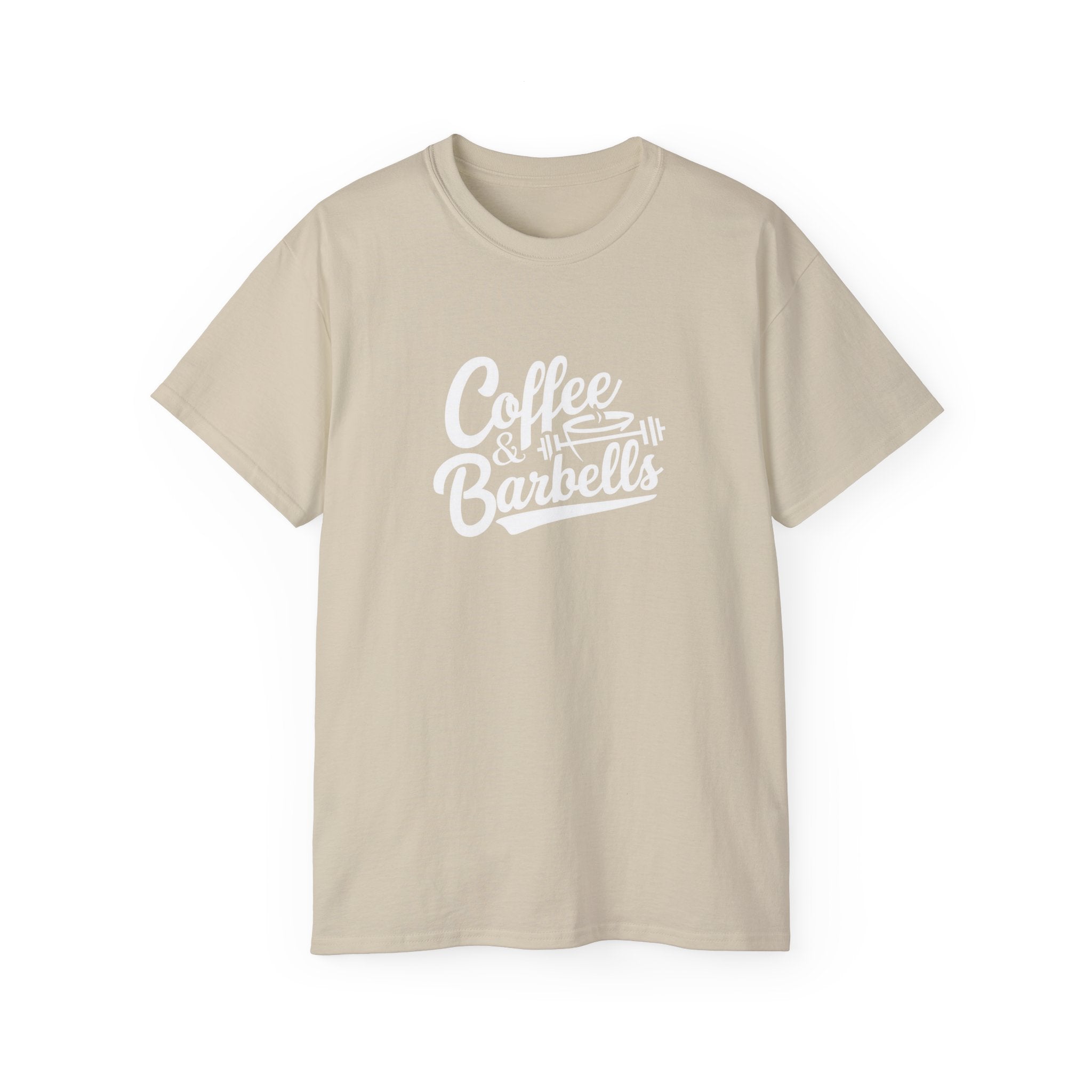 Coffee & Barbells - Unisex Ultra Cotton Tee - Front White Logo - Plain Back