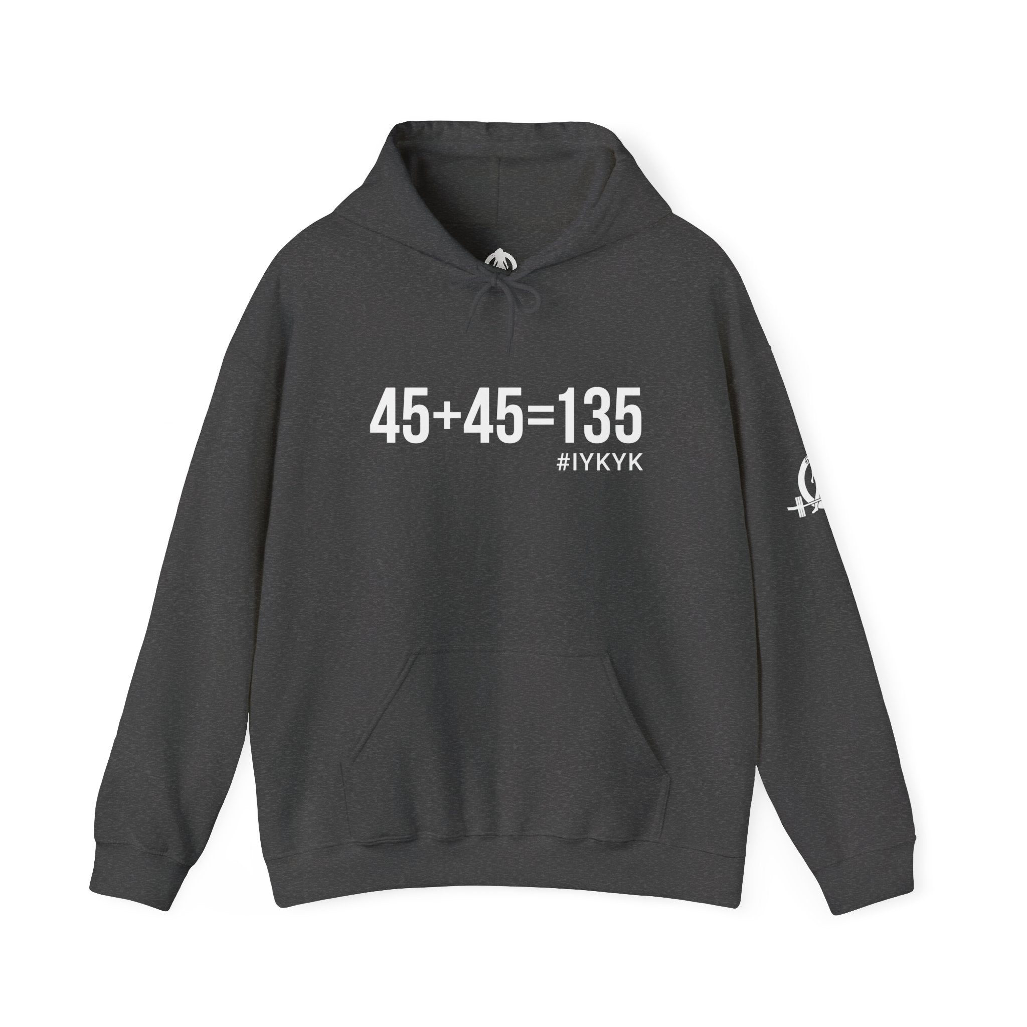 45 + 45 = 135 - Unisex Heavy Blend Hooded Sweatshirt - White Print on Front & Arm