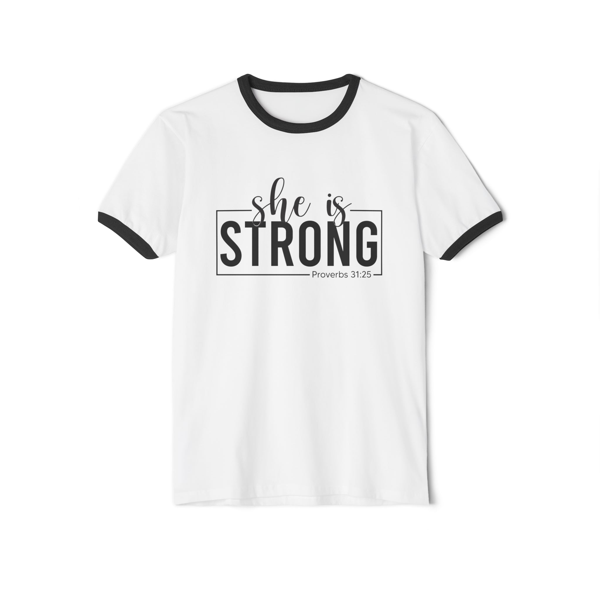 She Is Strong - Unisex Cotton Ringer T-Shirt - Black Classic Logo Front Plain Back