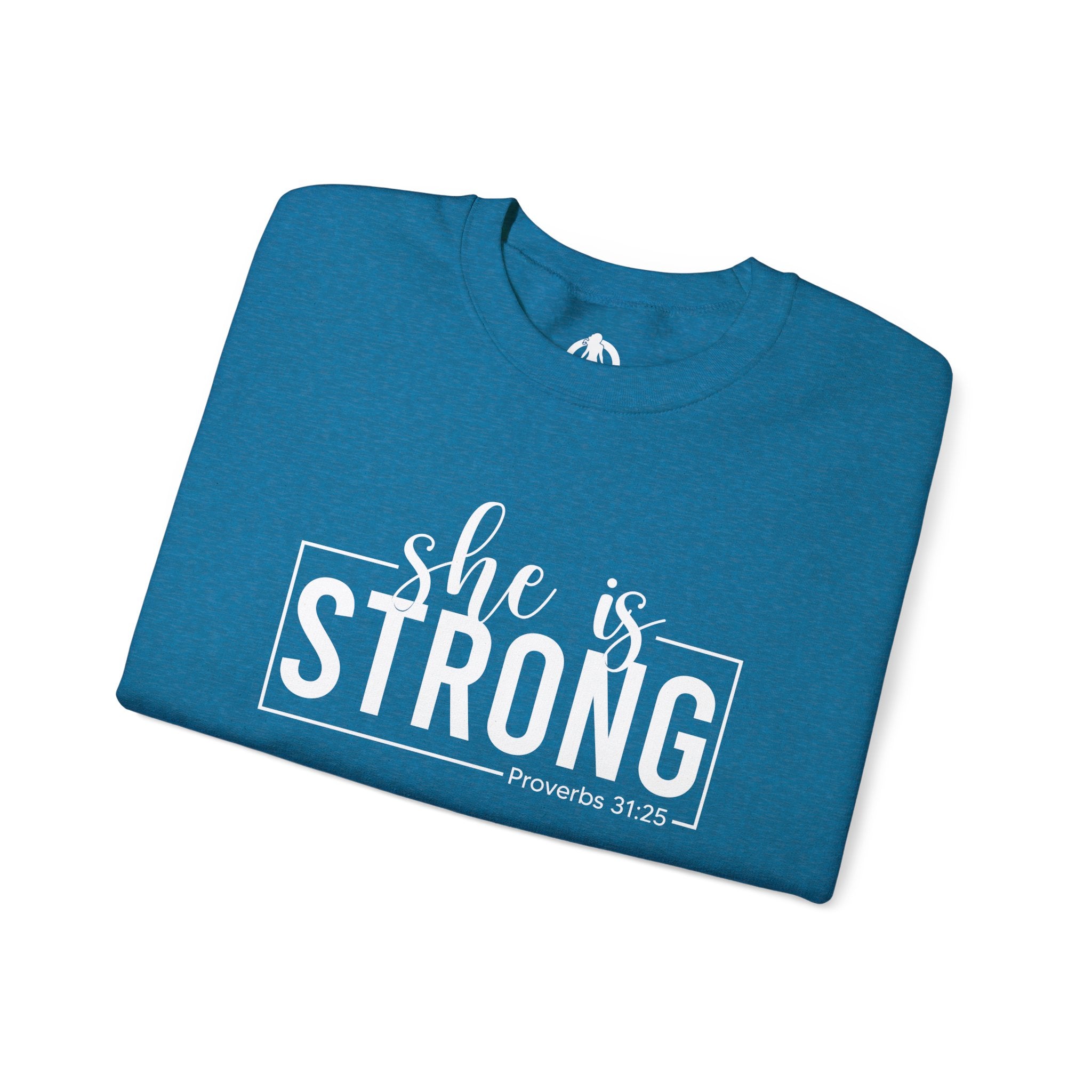 She is STRONG - Unisex Heavy Blend™ Crewneck Sweatshirt - Front White Logo - Plain Back