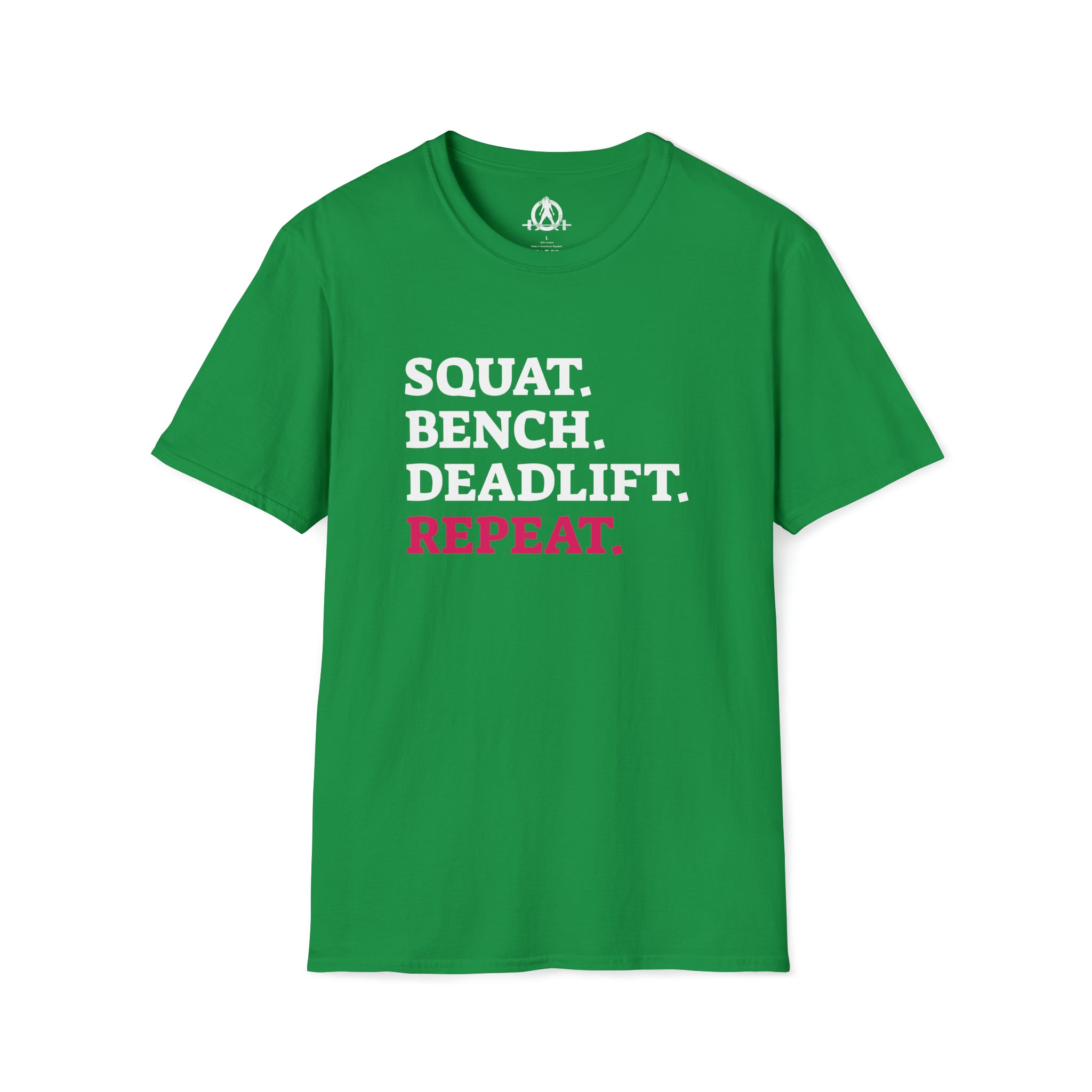 Squat Bench Deadlift Repeat - Unisex Softstyle T-Shirt - Black & Pink - Plain Back
