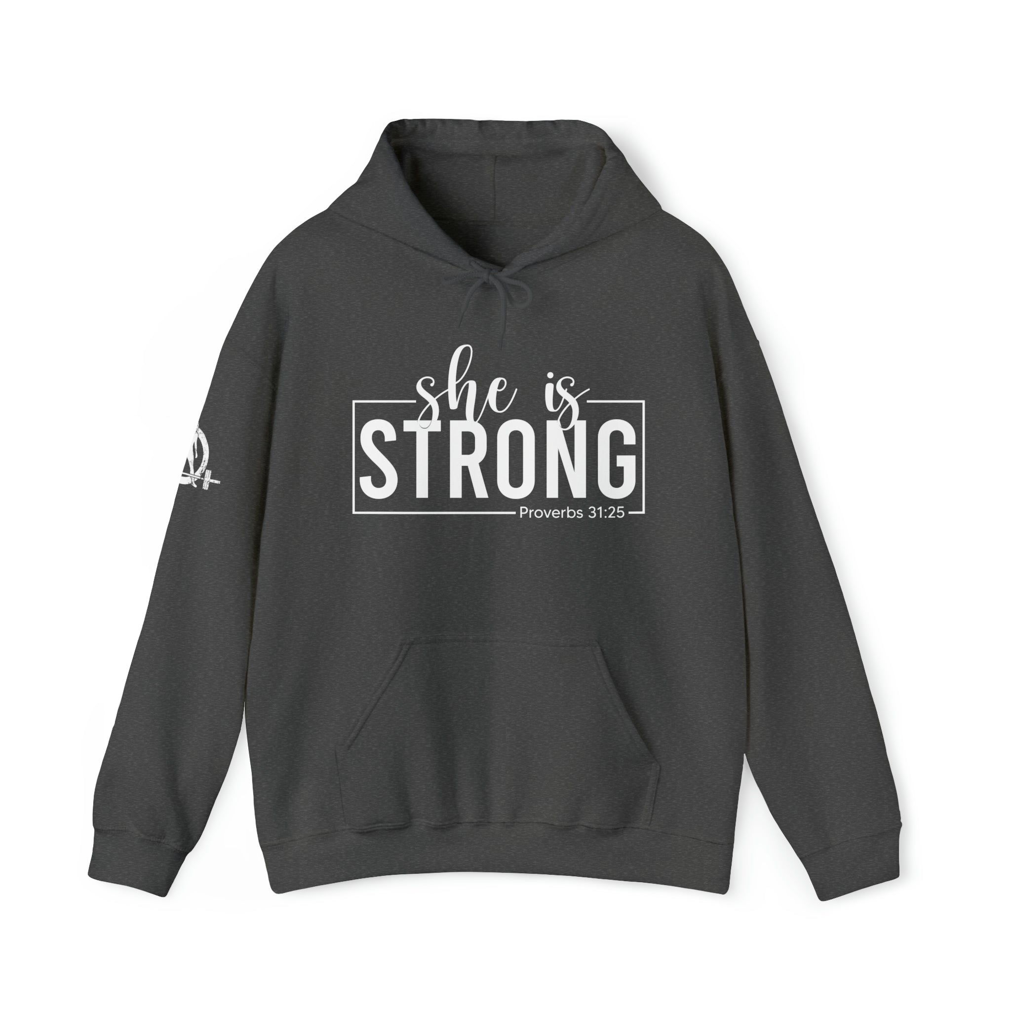 She is STRONG - Unisex Heavy Blend Hooded Sweatshirt - White Logo - Plain Back