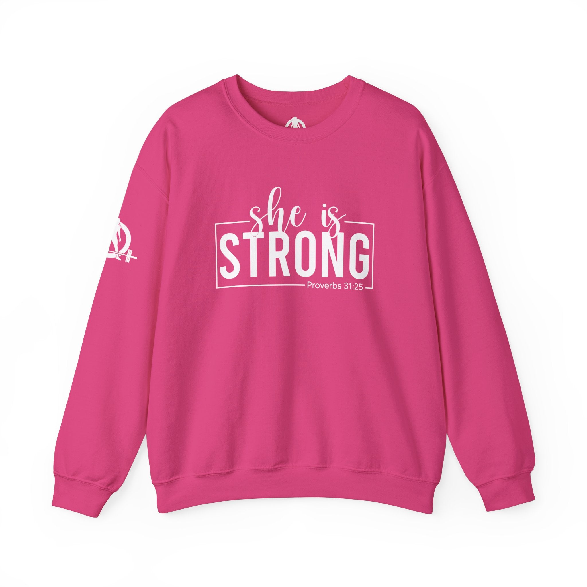 She is STRONG - Unisex Heavy Blend™ Crewneck Sweatshirt - Front White Logo - Plain Back