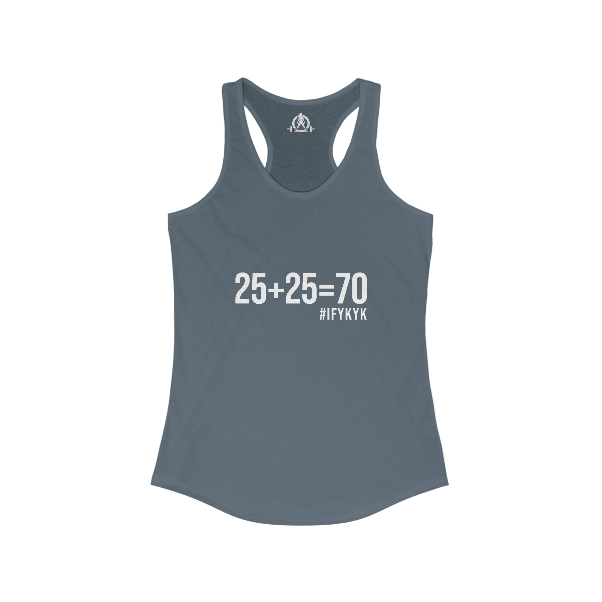 25 + 25 = 70 Women's Ideal Racerback Tank - White Print Front Plain Back