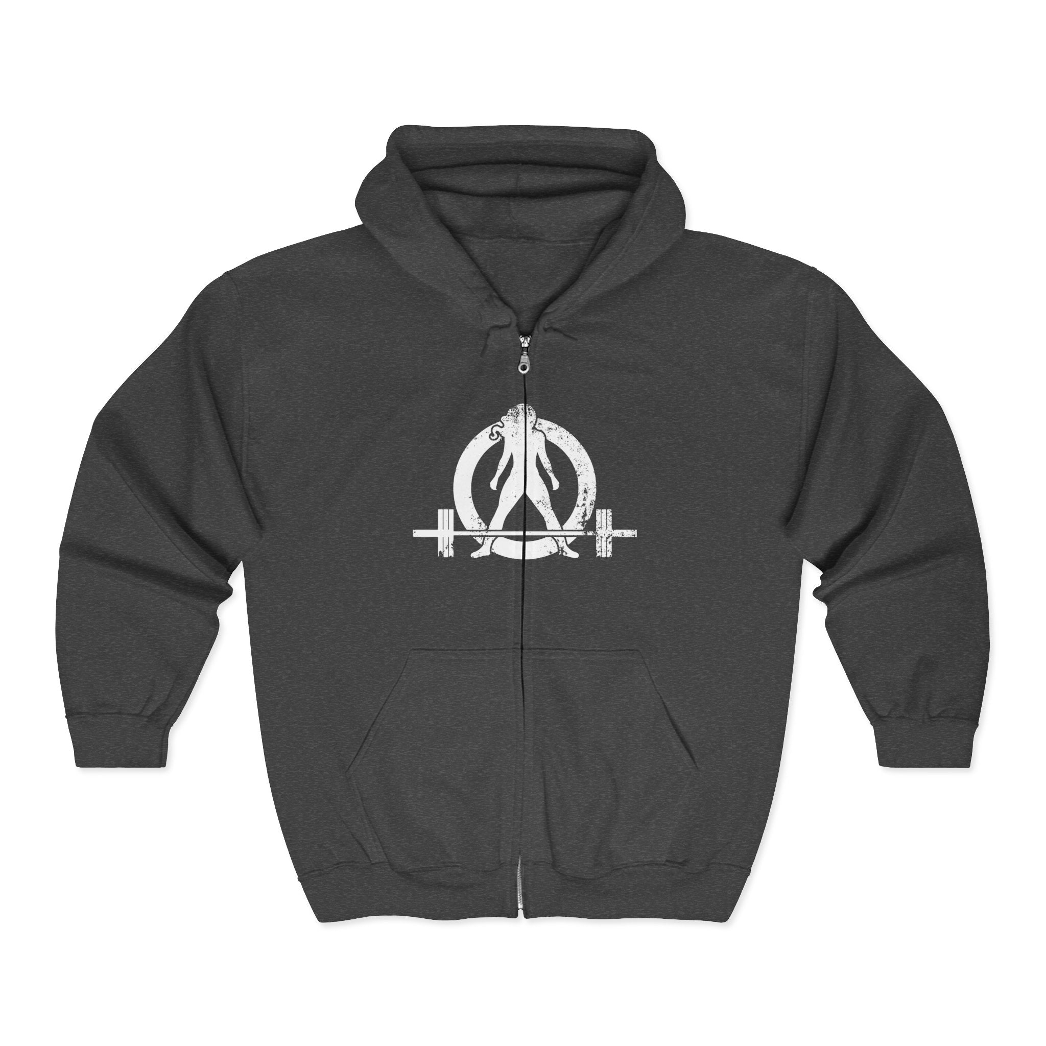 I DON’T WANT TO LOOK SKINNY I WANT TO LOOK LIKE I CAN KICK YOUR ASS – White Distressed Logo Unisex Heavy Blend™ Full Zip Hooded Sweatshirt