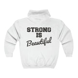 Unisex Heavy Blend Full Zip Hooded Sweatshirt - Front Chest Black Logo - Strong Is Beautiful on Back