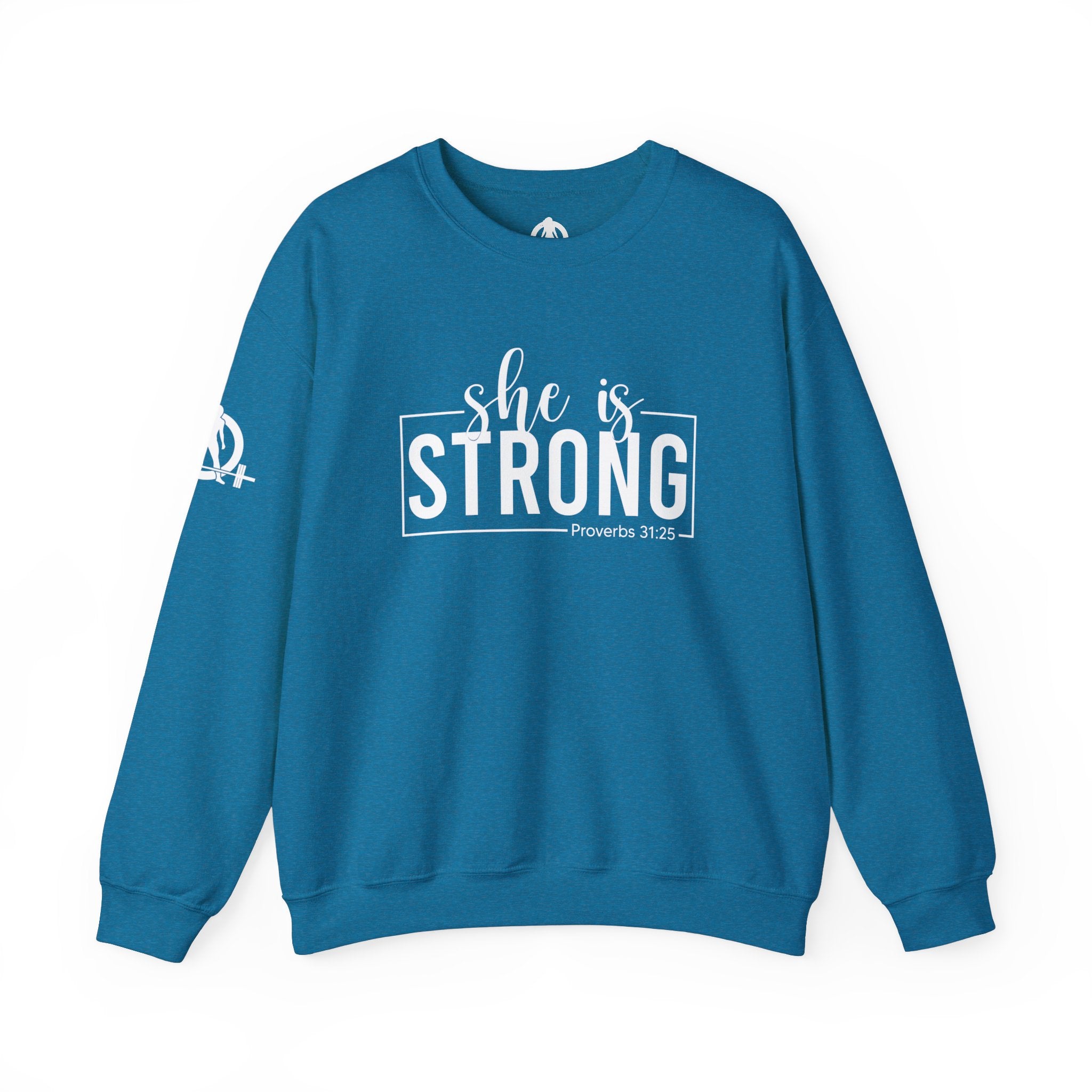 She is STRONG - Unisex Heavy Blend™ Crewneck Sweatshirt - Front White Logo - Plain Back