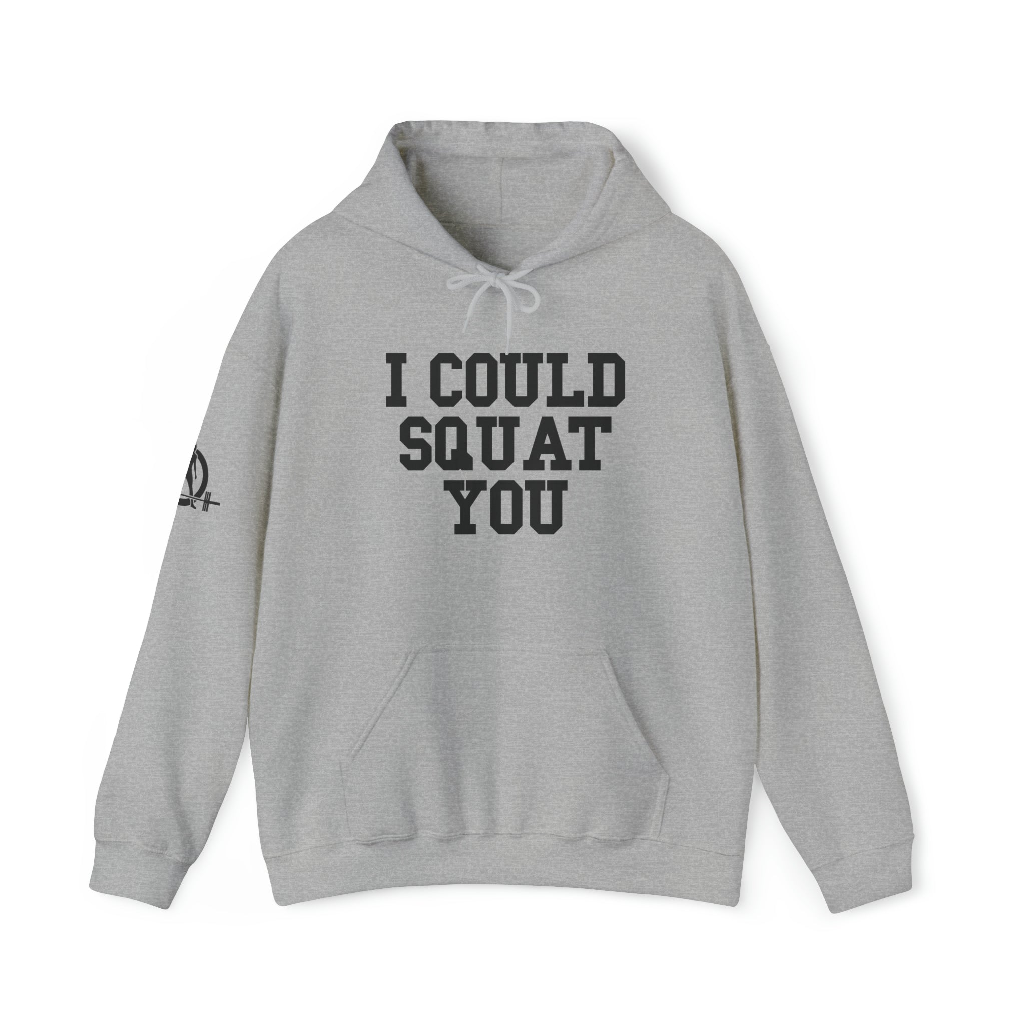I Could Squat You - Classic Logo White - Unisex Heavy Blend Hooded Sweatshirt - Black Print on Front