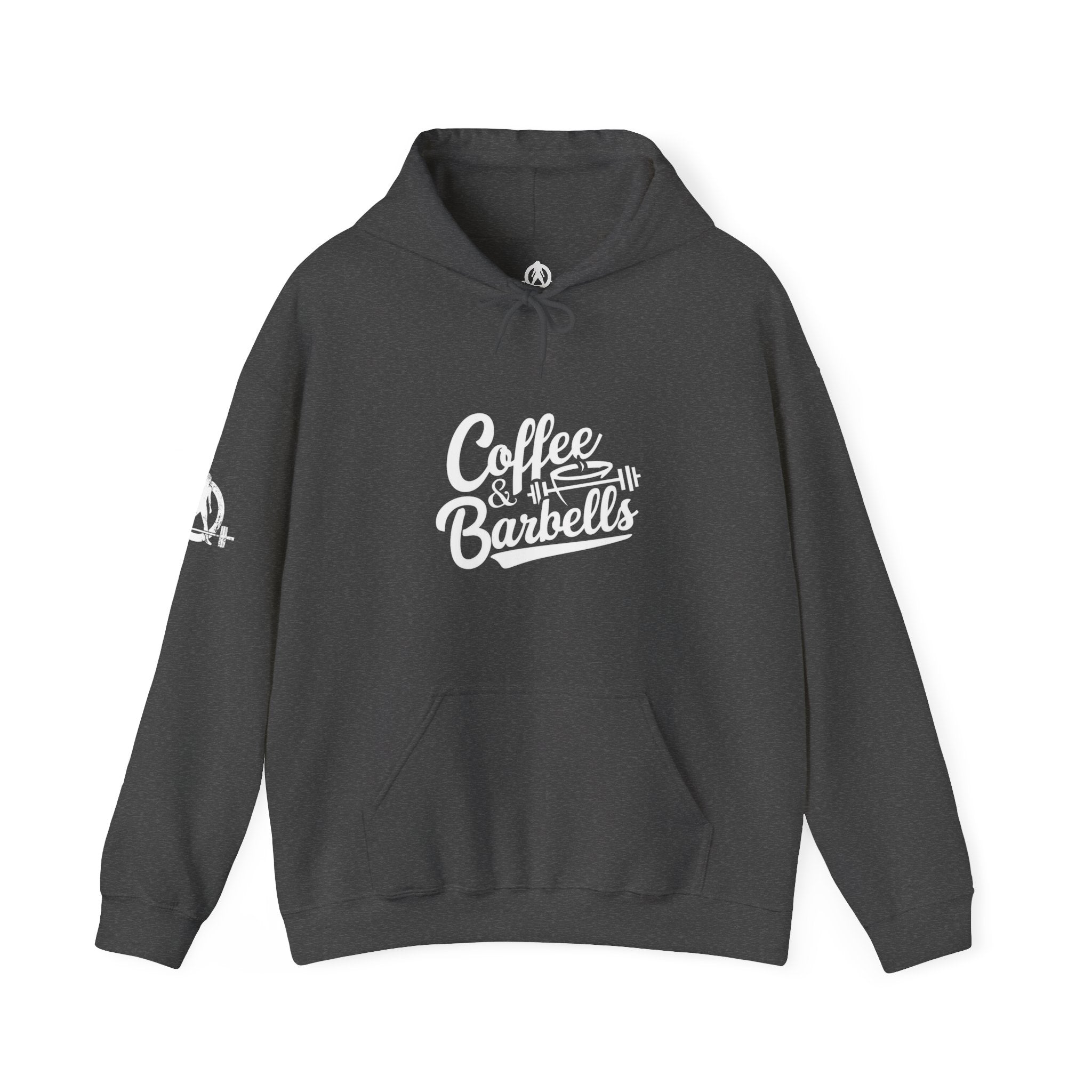 Coffee & Barbells - Unisex Heavy Blend Hooded Sweatshirt - White Logo on Front & Right Sleeve