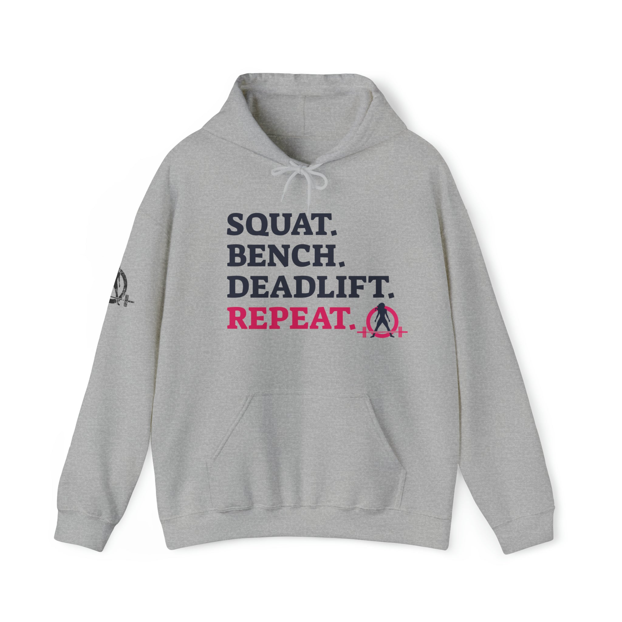Squat Bench Deadlift Repeat - Unisex Heavy Blend Hooded Sweatshirt - Light WWLW Logo - Pink- Plain Black