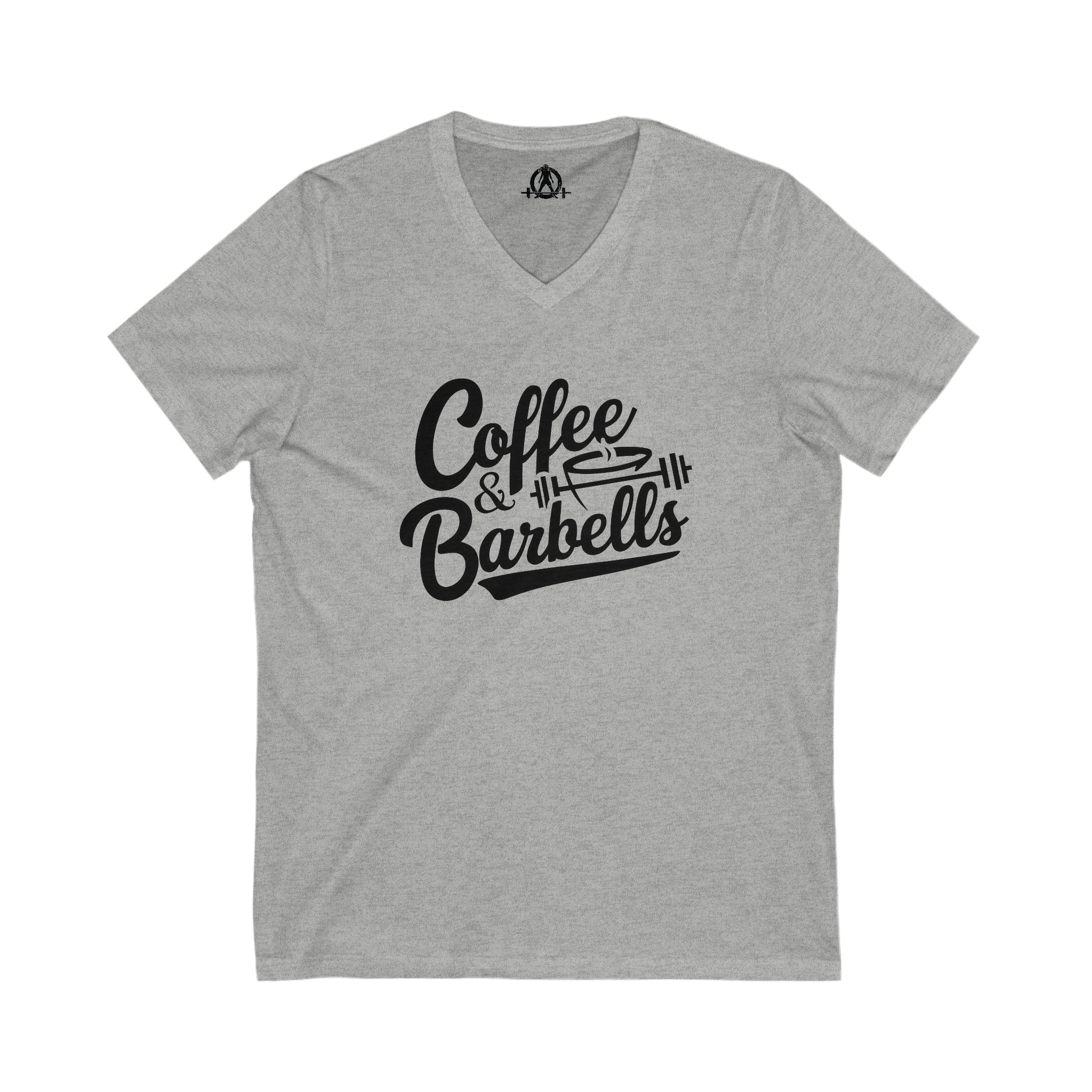 Coffee & Barbells - Unisex Jersey Short Sleeve V-Neck Tee - Black Logo Plain Back