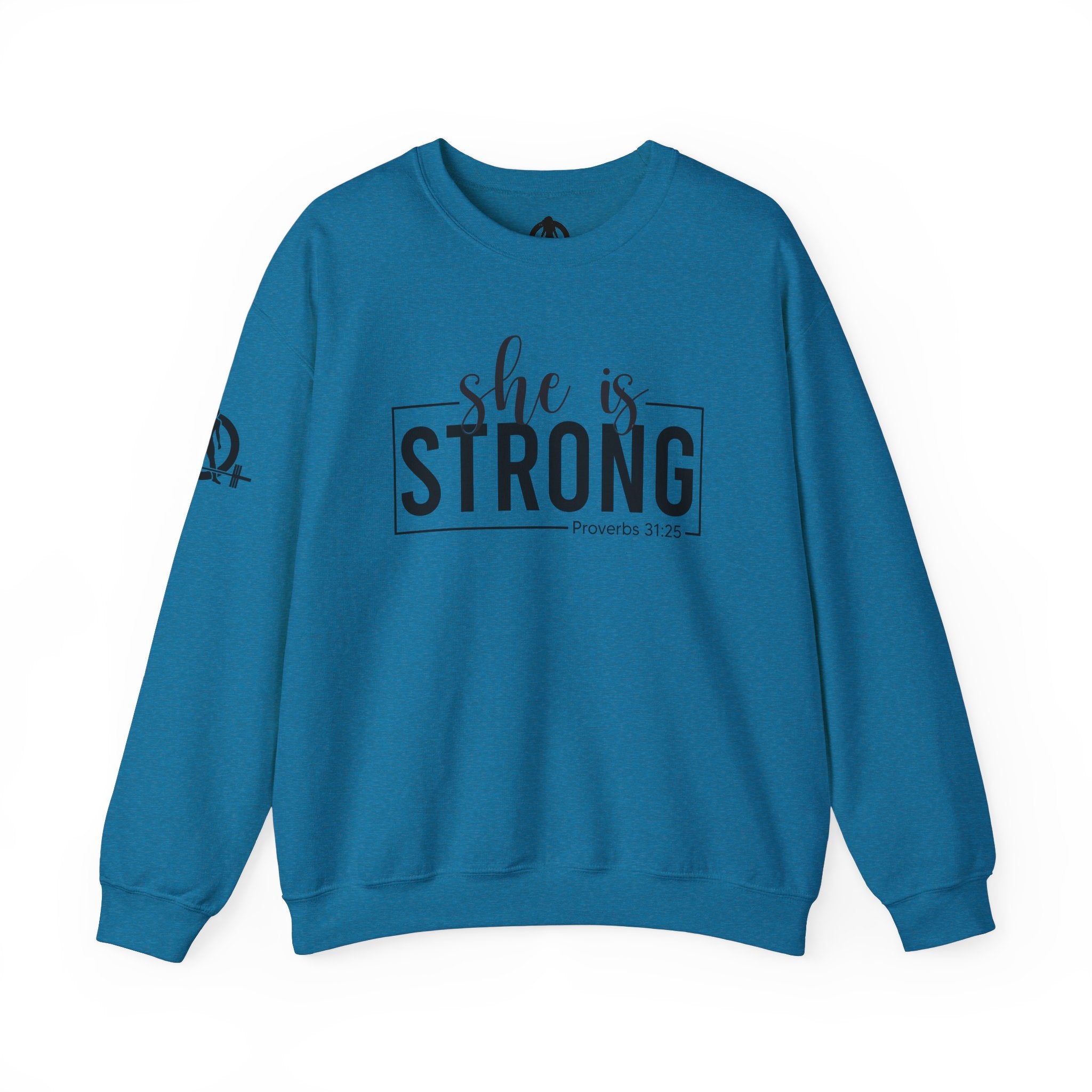 She is STRONG - Unisex Heavy Blend™ Crewneck Sweatshirt - Front Black Logo - Plain Back