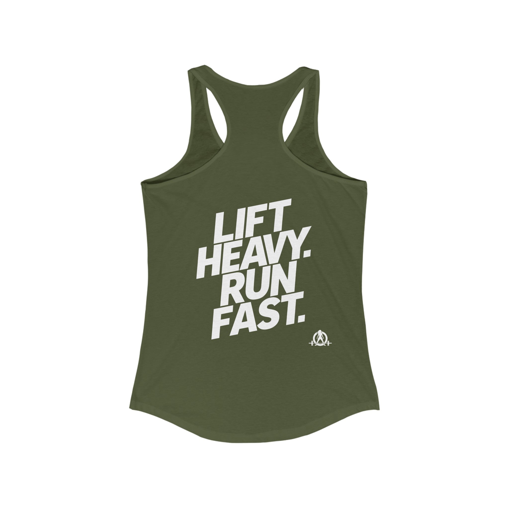 Lift Heavy - Run Fast - Racer Back Tank Top - Women's Ideal Racerback Tank (White Front & Back Logo)