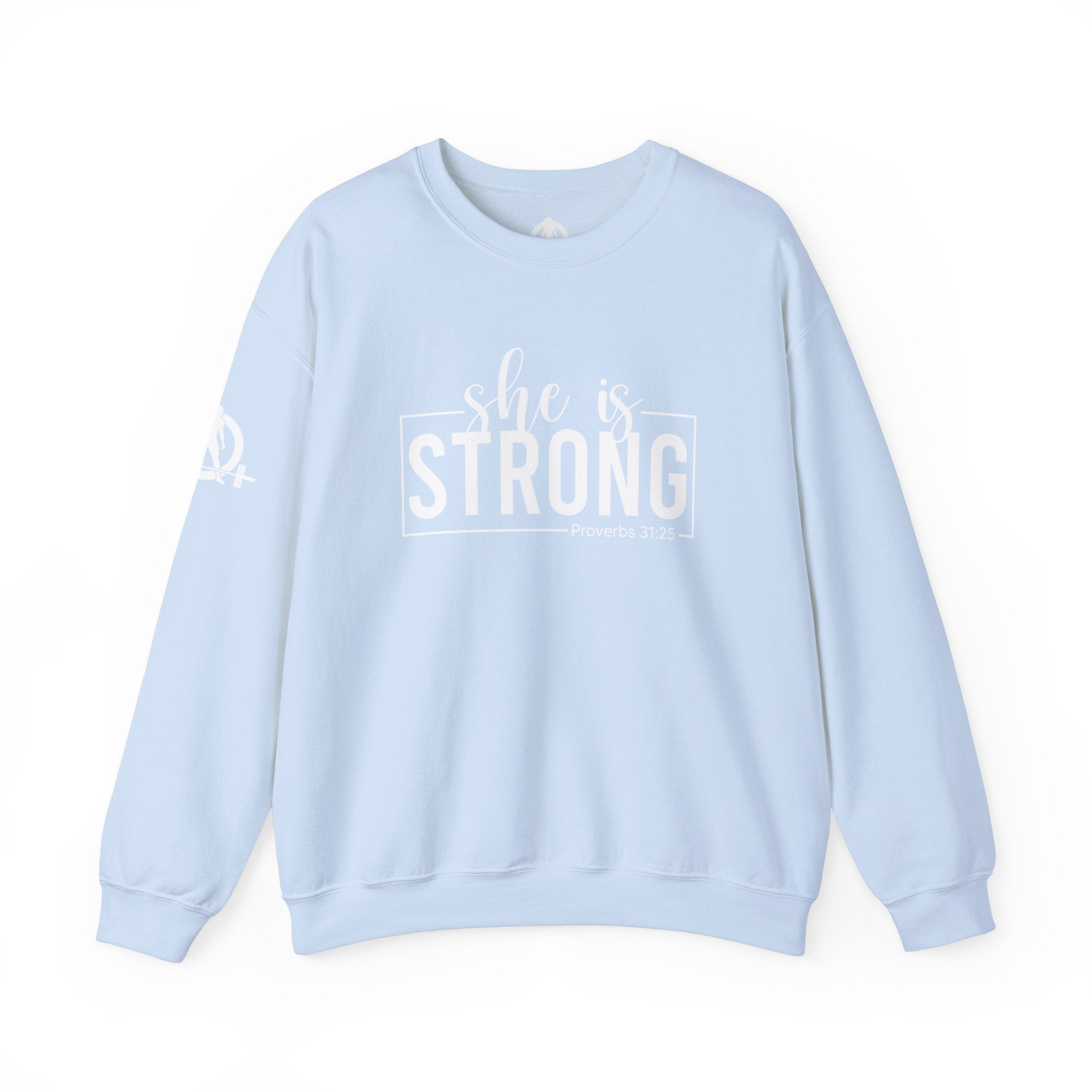She is STRONG - Unisex Heavy Blend™ Crewneck Sweatshirt - Front White Logo - Plain Back