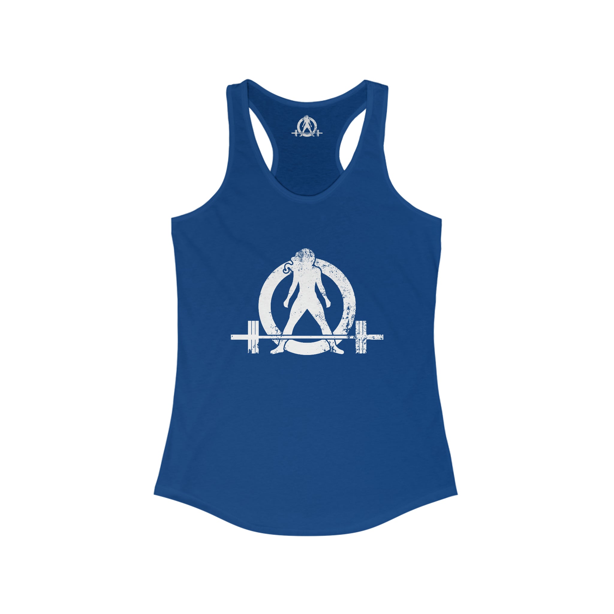 Cardio = Lift Weights Faster - Distressed White Logo - Ideal Racerback Tank - Front & Back