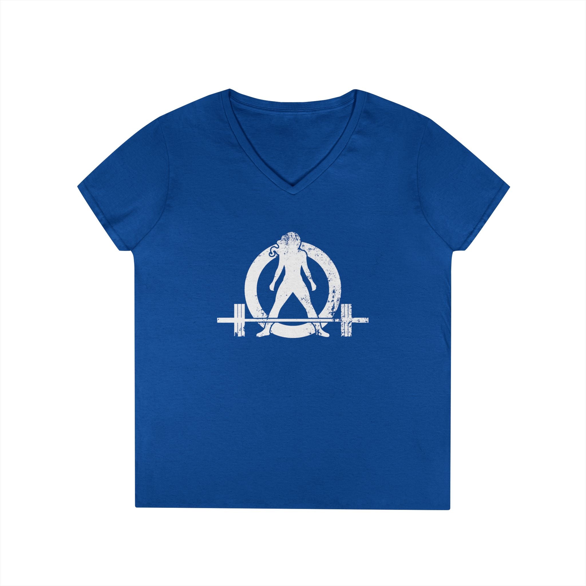 Ladies' V-Neck T-Shirt -  White Distressed Logo