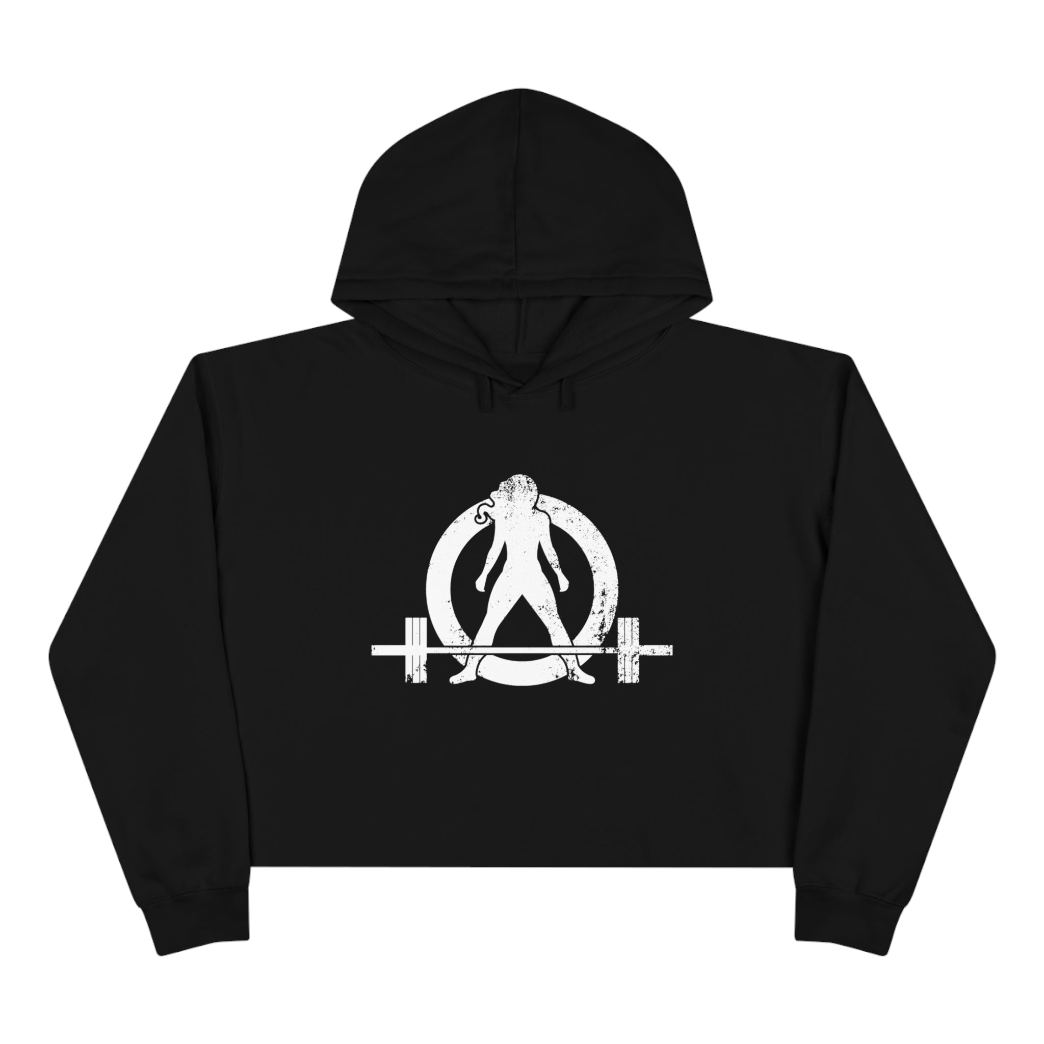 Crop Hoodie - Black - White Distressed Logo