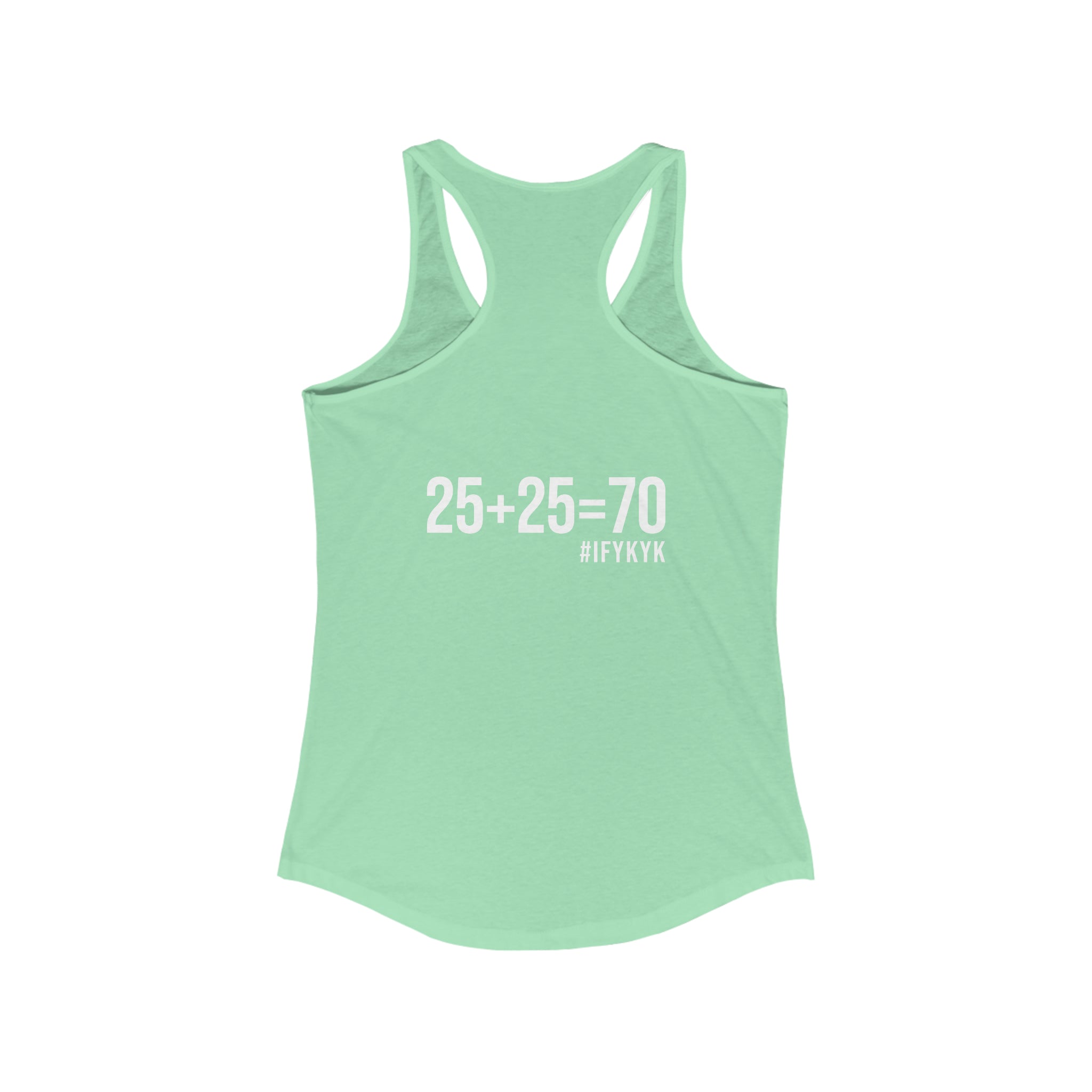 25 + 25 = 70 Women's Ideal Racerback Tank - White Print Front & Back