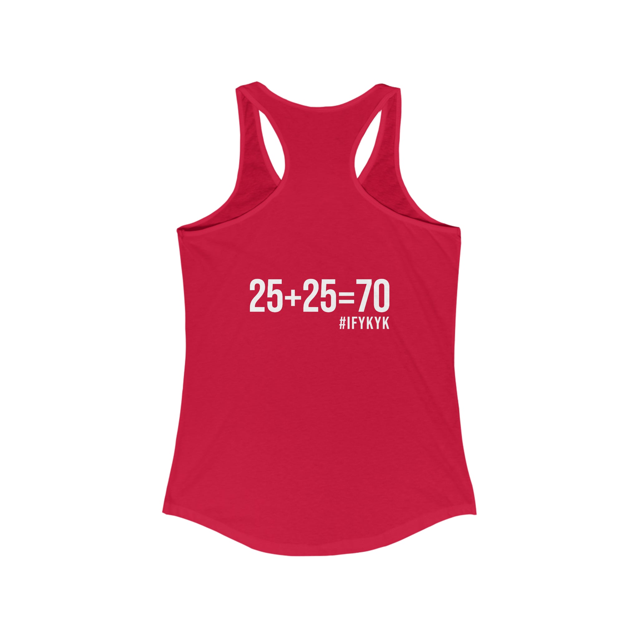 25 + 25 = 70 Women's Ideal Racerback Tank - White Print Front & Back