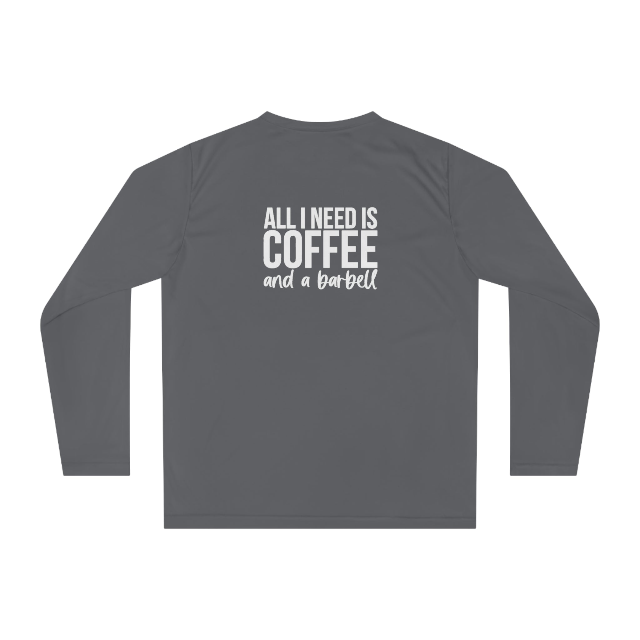 COFFEE and a Barbell - Unisex Performance Long Sleeve Shirt - Distressed White Logo