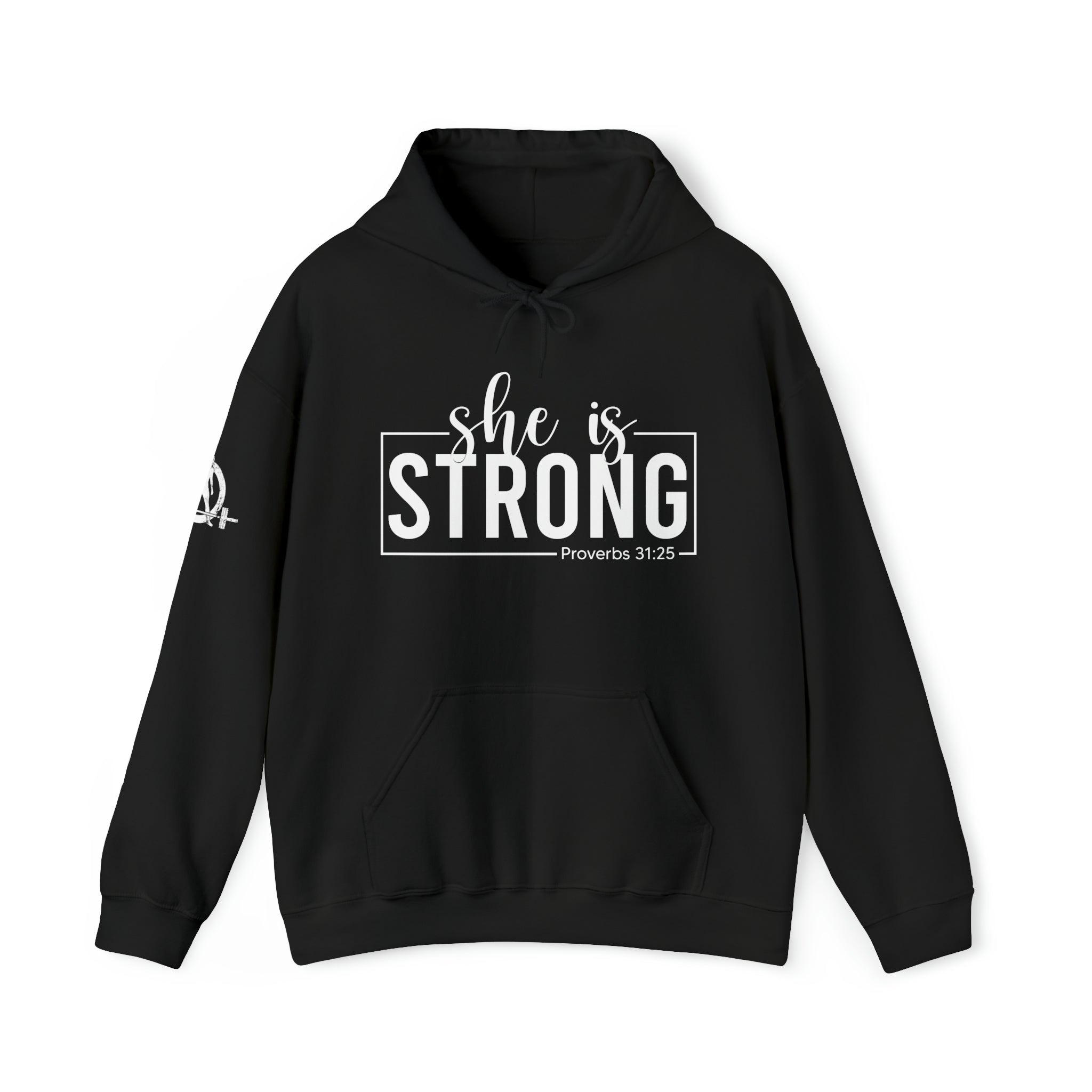 She is STRONG - Unisex Heavy Blend Hooded Sweatshirt - White Logo - Plain Back