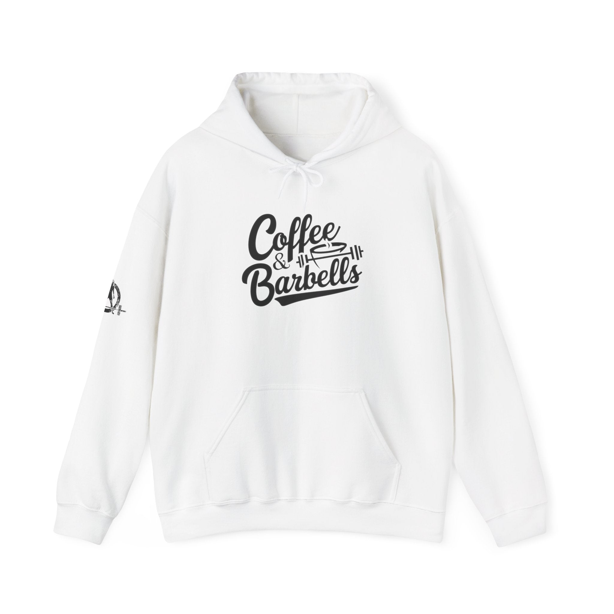Coffee & Barbells  - Unisex Heavy Blend Hooded Sweatshirt - Black Logo on Front & Right Sleeve