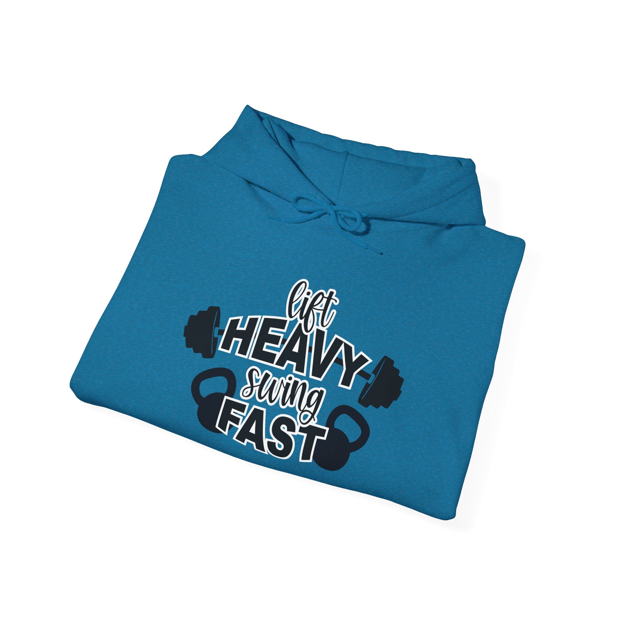Lift Heavy Swing Fast - Unisex Heavy Blend Hooded Sweatshirt - Black Logo - Right Shoulder - Plain Back