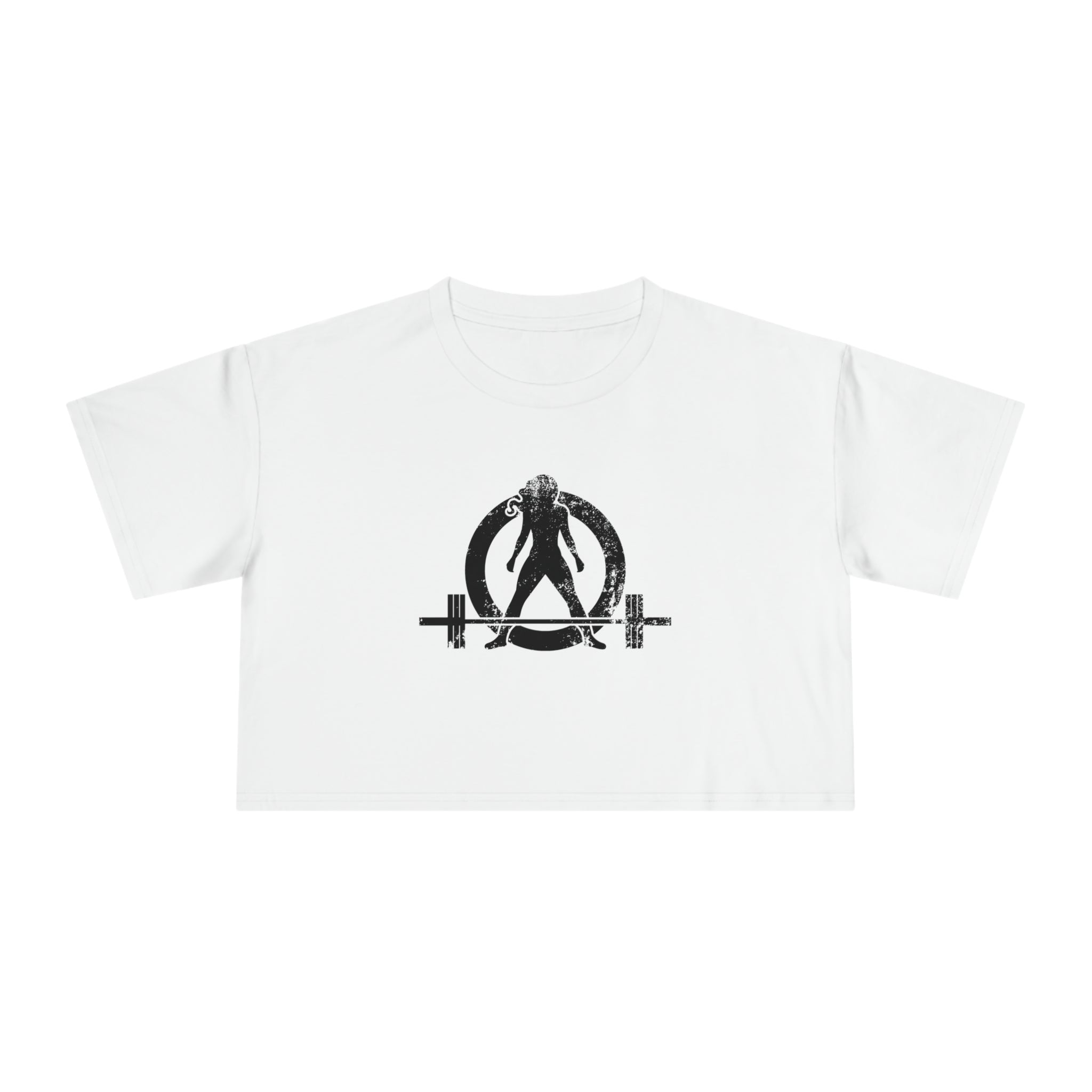 Distressed Collection - Women's Crop Tee - White - Front Black Distressed Logo