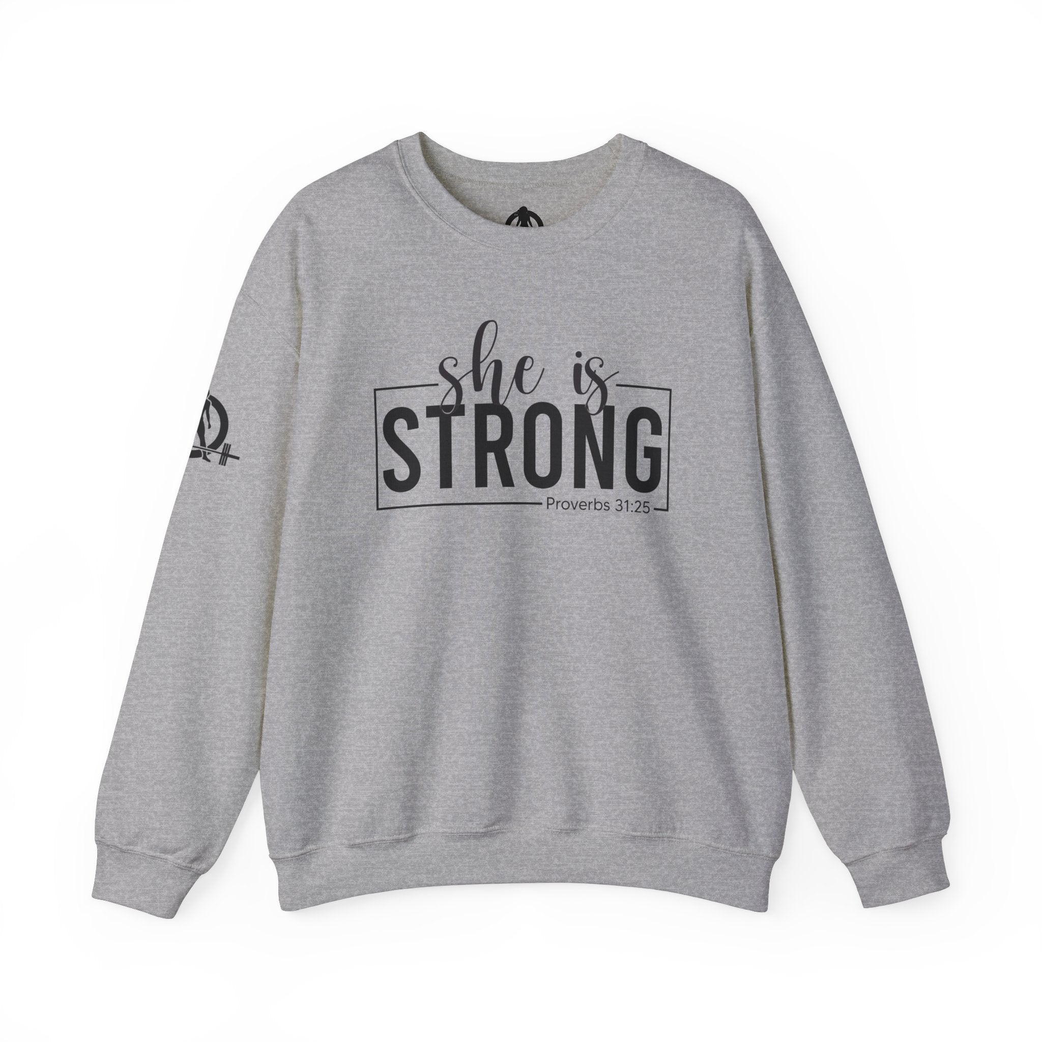 She is STRONG - Unisex Heavy Blend™ Crewneck Sweatshirt - Front Black Logo - Plain Back