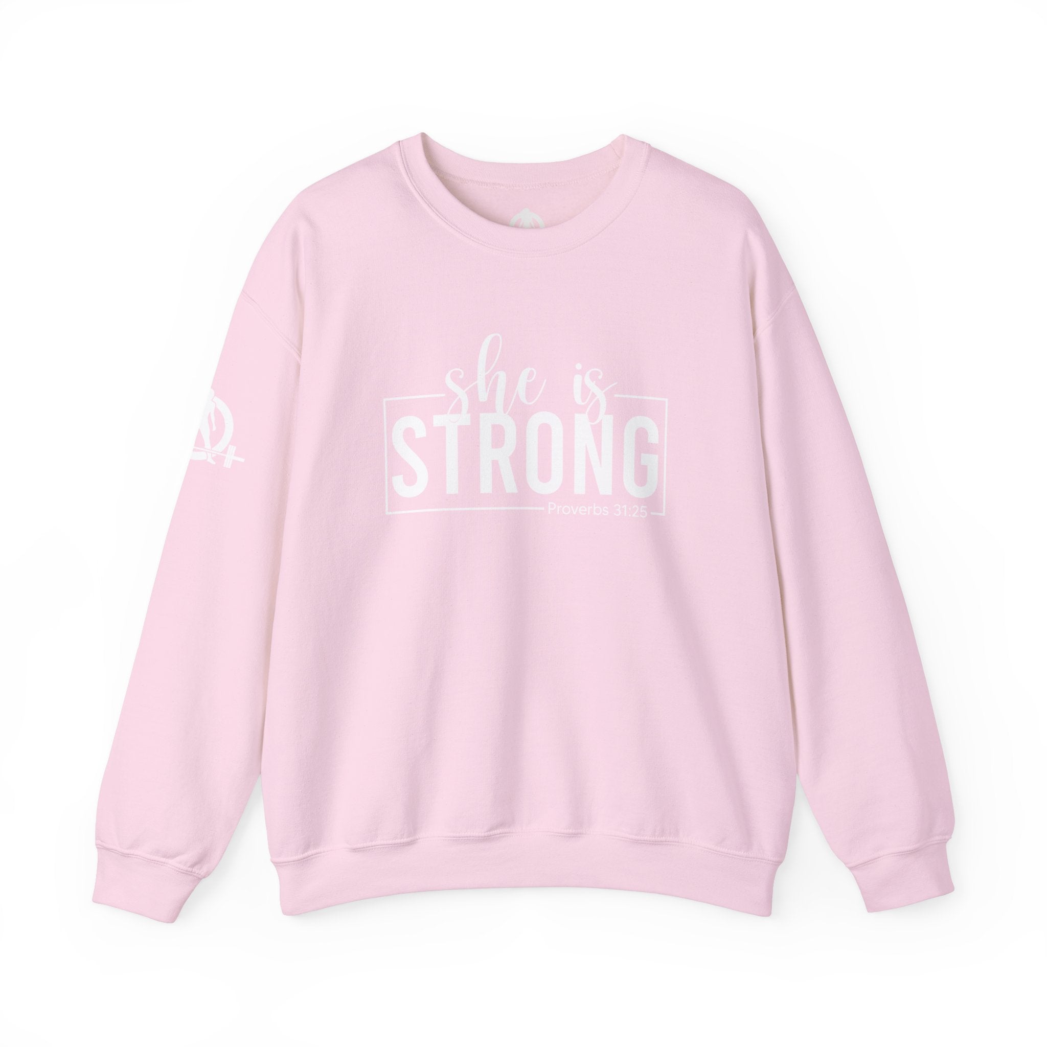 She is STRONG - Unisex Heavy Blend™ Crewneck Sweatshirt - Front White Logo - Plain Back