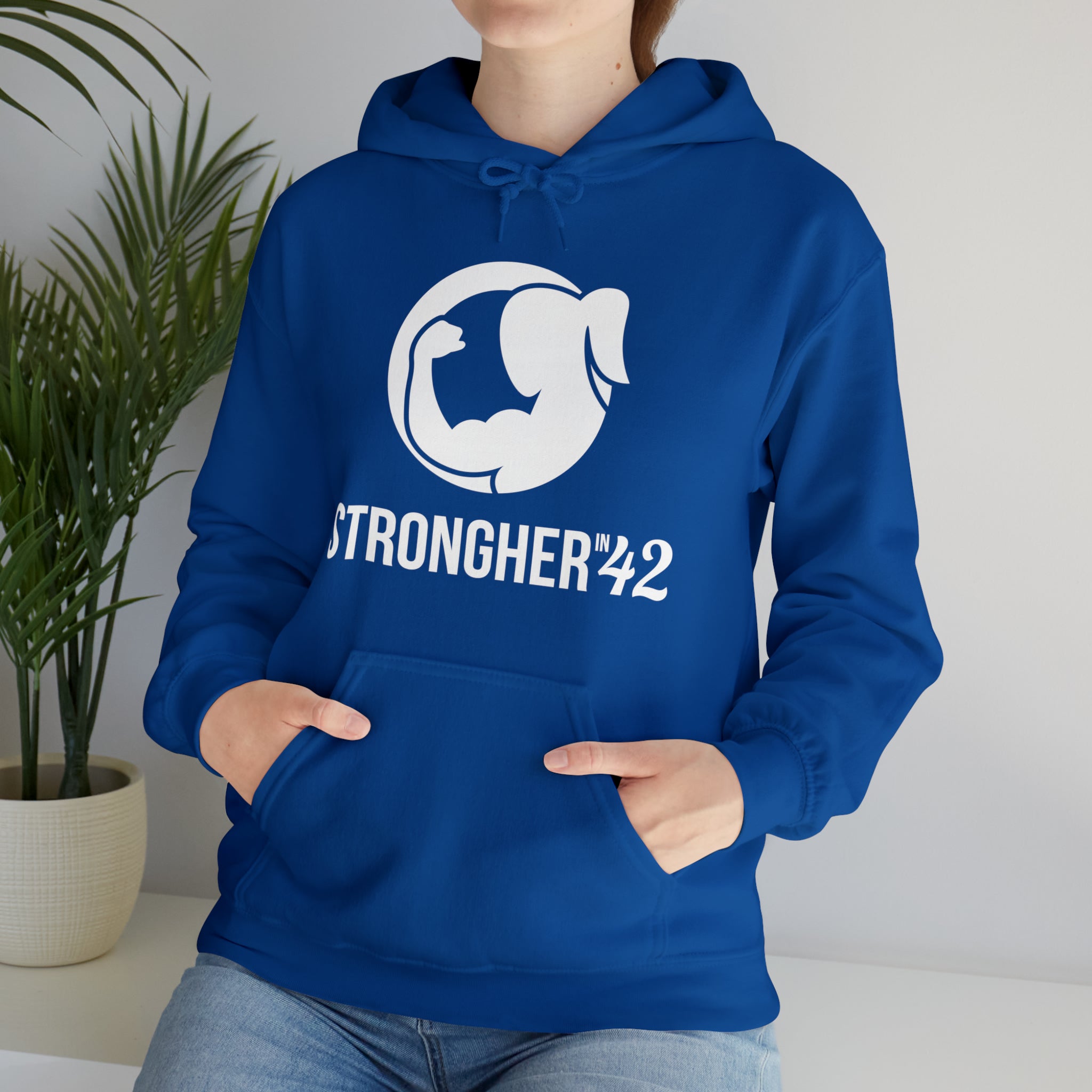 Strong Her in 42 - Classic Logo White - Unisex Heavy Blend Hooded Sweatshirt