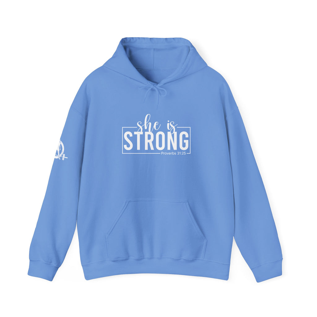She is STRONG - Unisex Heavy Blend Hooded Sweatshirt - White Logo