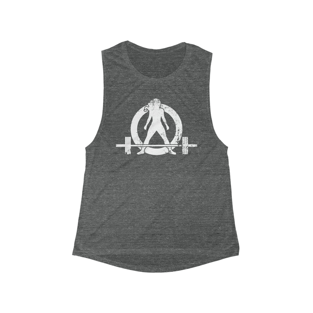 Women's Flowy Scoop Muscle Tank - White Distressed Logo