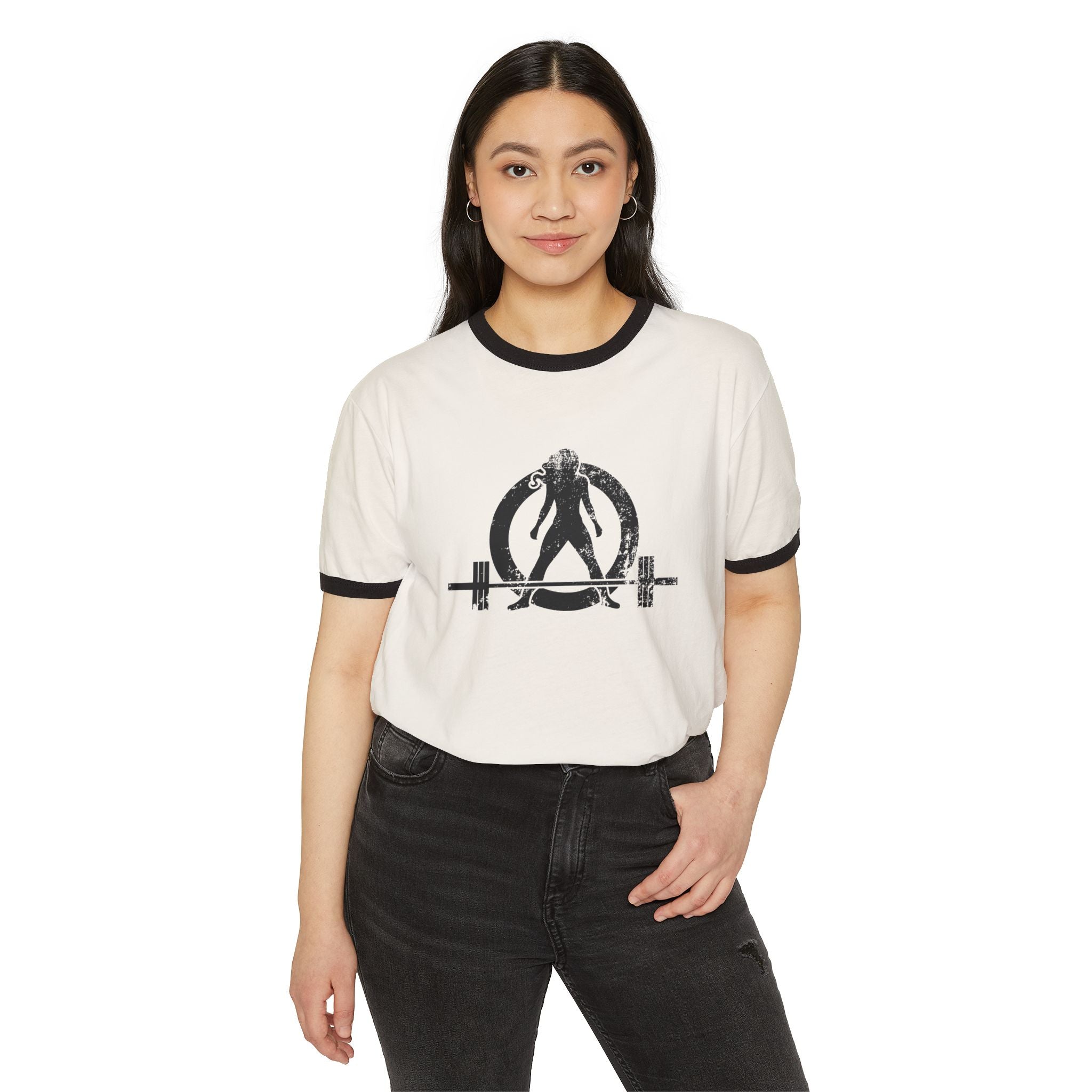 I DON’T WANT TO LOOK SKINNY I WANT TO LOOK LIKE I CAN KICK YOUR ASS - Unisex Cotton Ringer T-Shirt - Black Distressed Logo Front & Back
